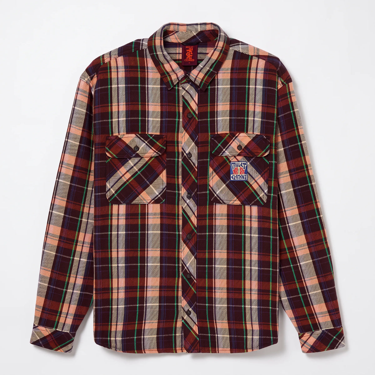 Element x Millet MXE plaid flannel shirt in Flame Hueco Plaid, front view with bias-cut flap pockets and woven patch