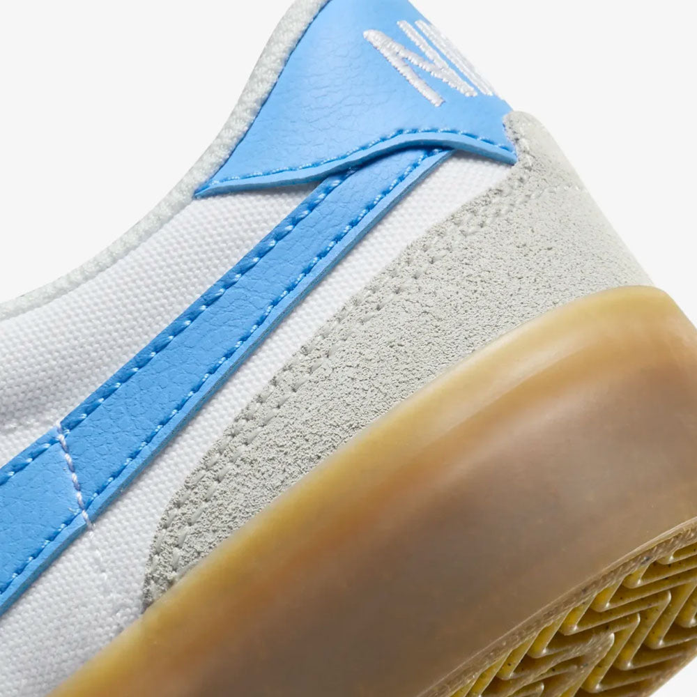 Detail of rubber sole and blue leather swoosh on Nike SB Pogo Plus.