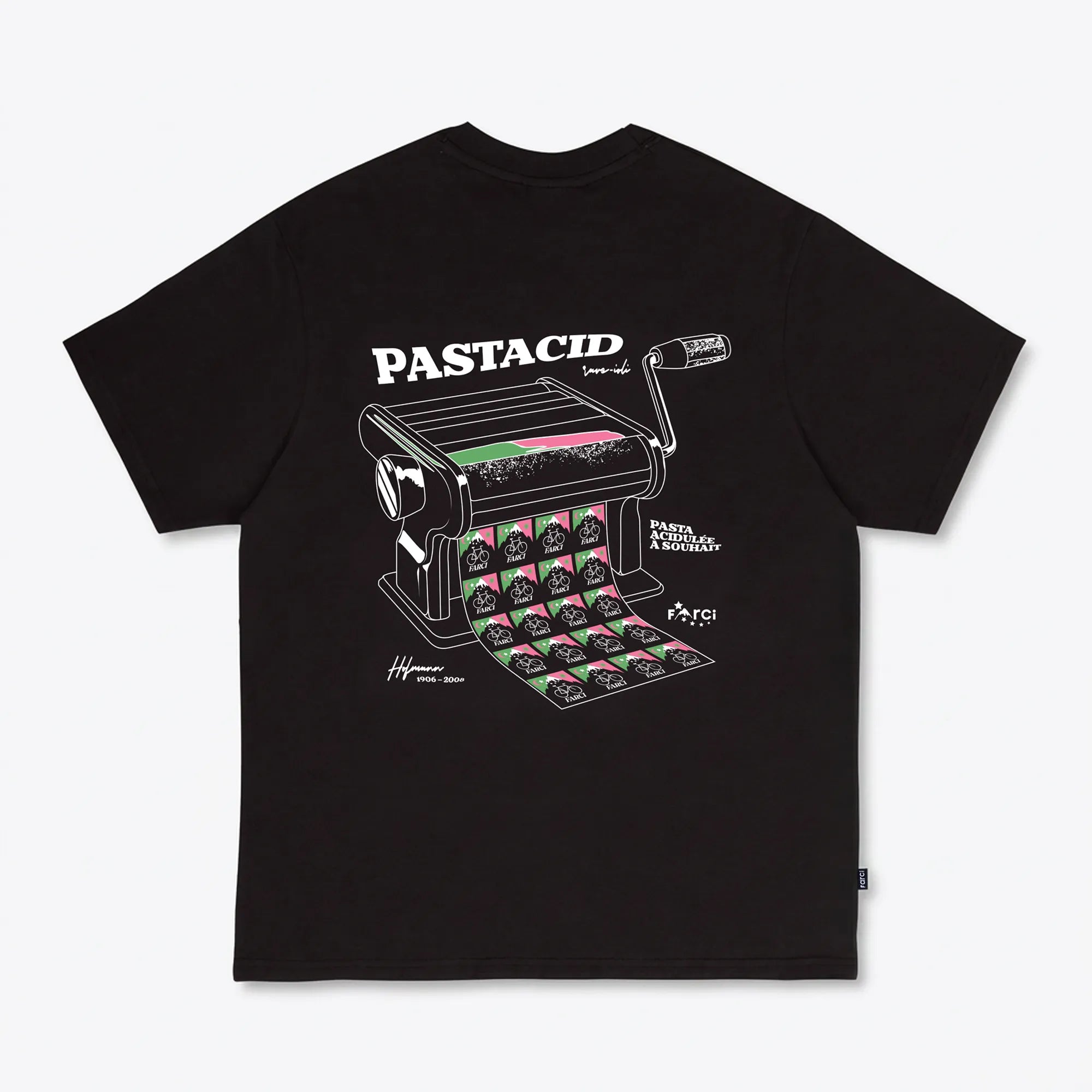 Back view of the premium black Farci LSD streetwear t-shirt with printed typography.