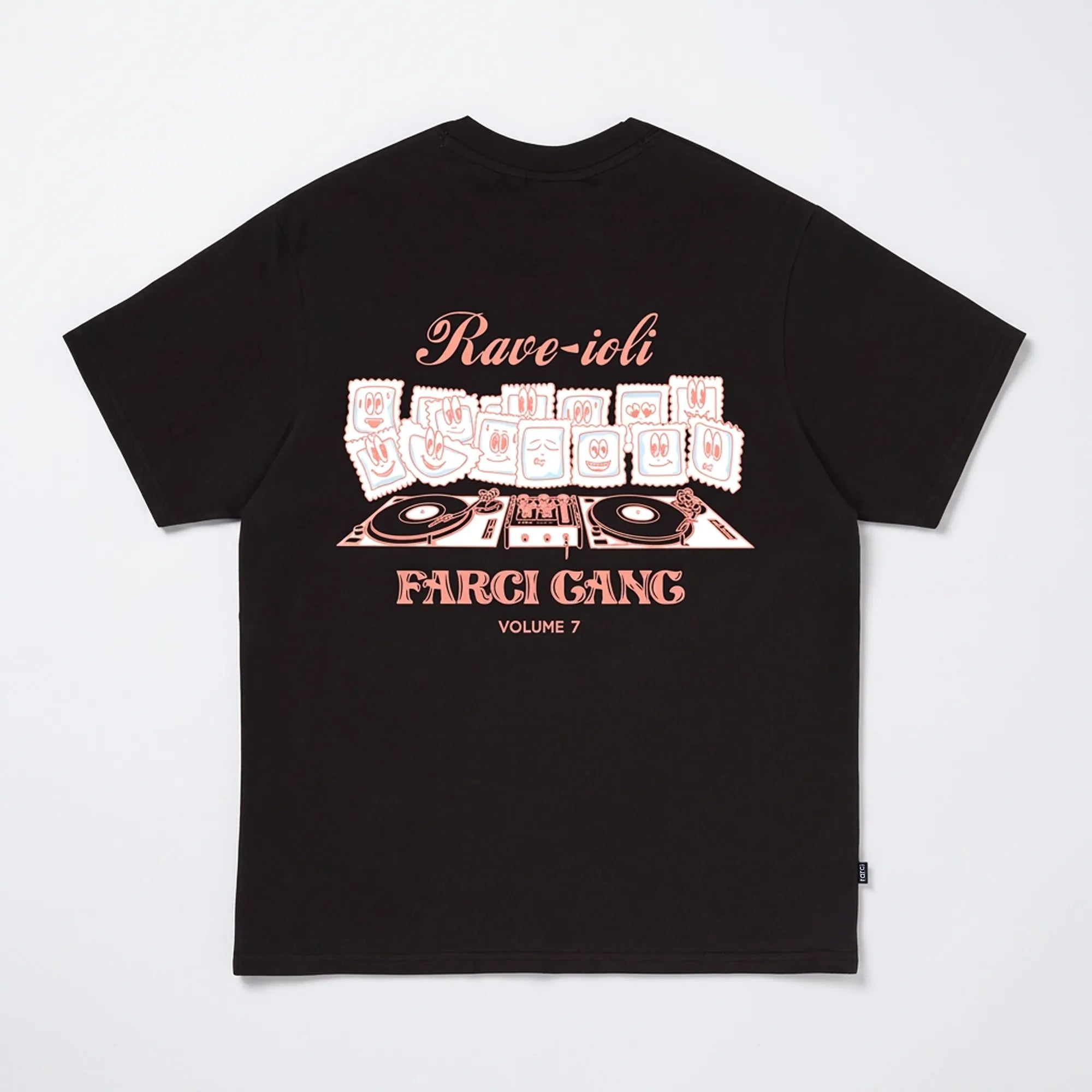 Black streetwear Farci Studio Gang 7 t-shirt back view with Rave-ioli graphic illustration and DJ turntables.