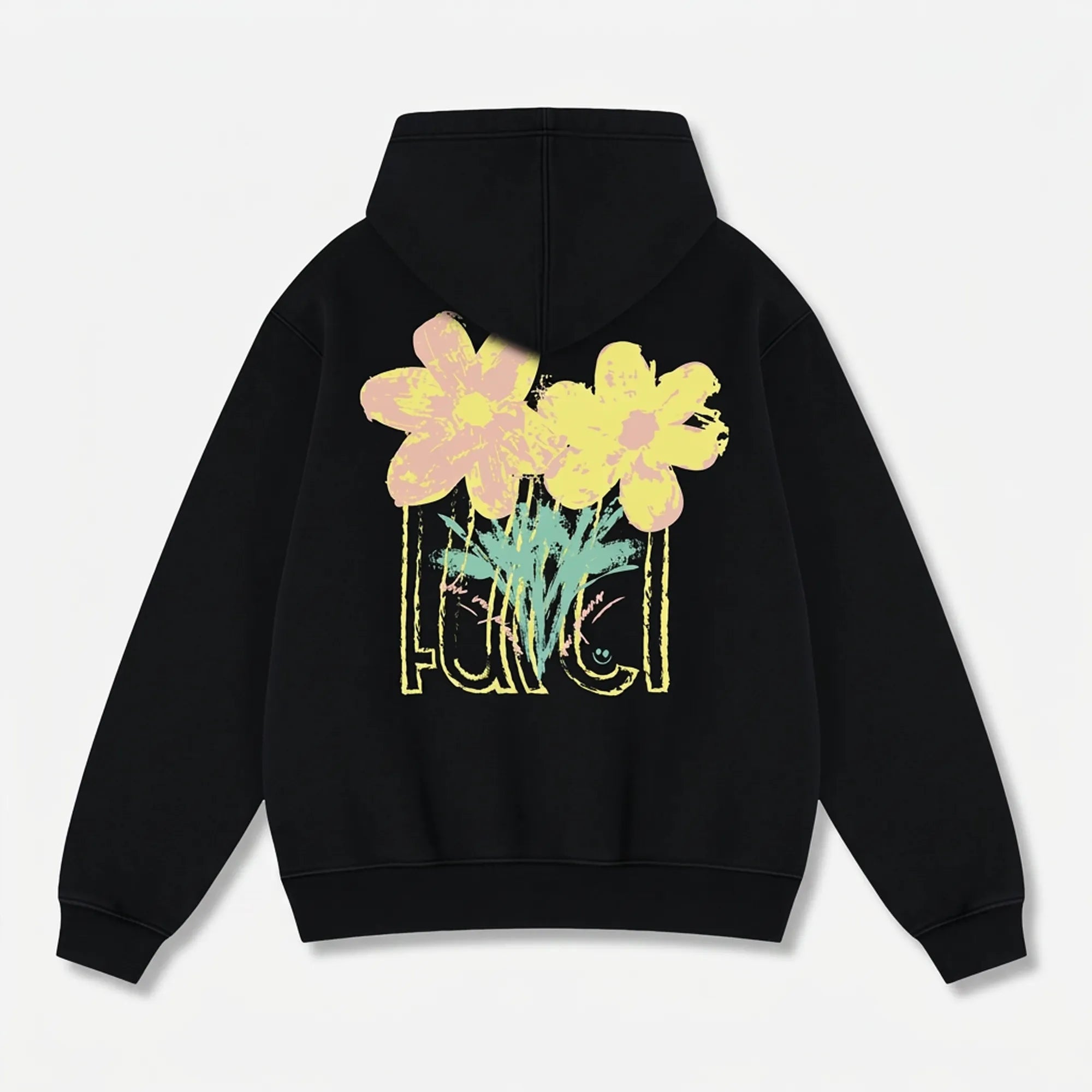 Zip hoodie Farci Studio Piano noir coton molleton oversize, sérigraphie florale dos rose jaune vert, logo script brodé blanc, zip YKK