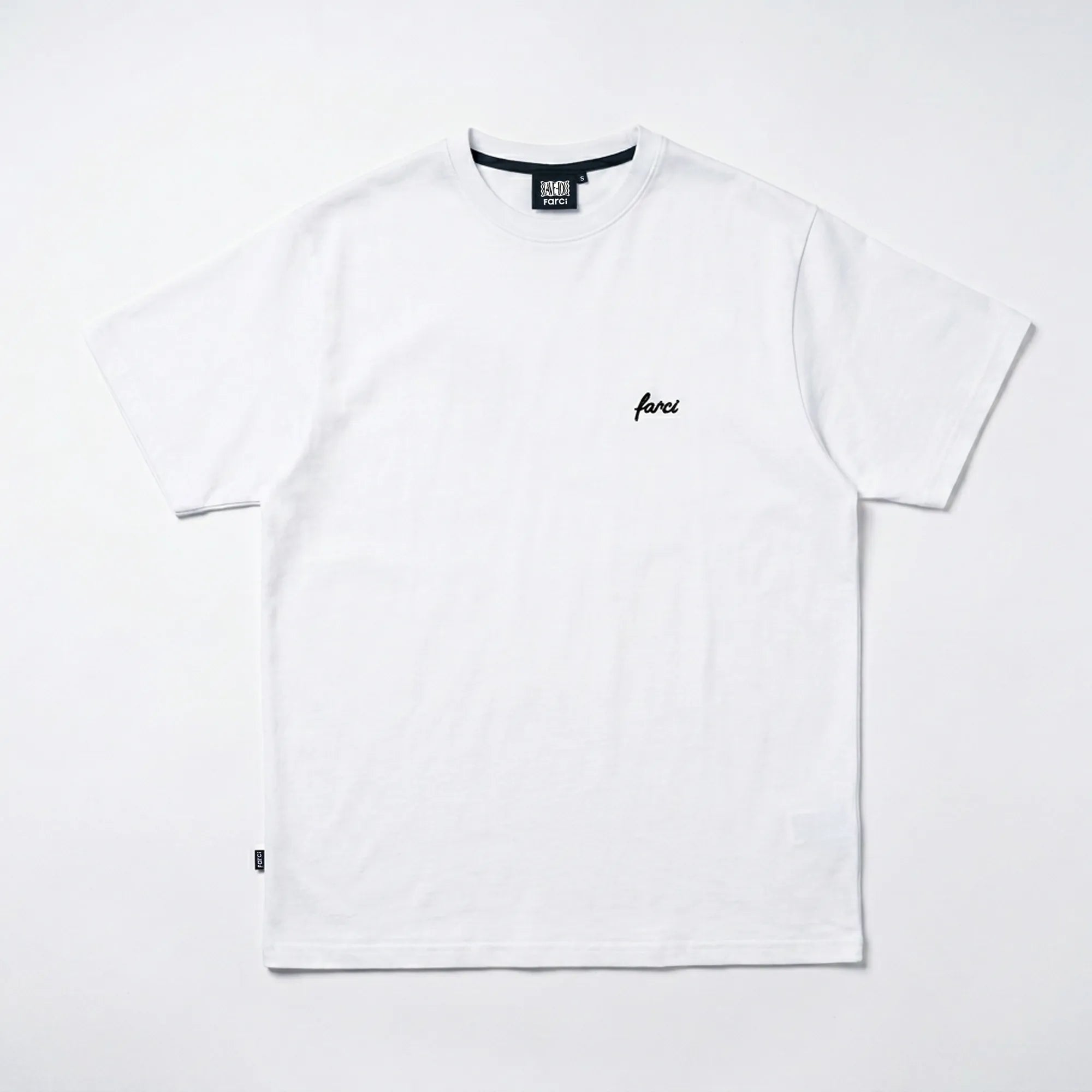 Farci Studio Piano Tee white cotton tee, black script embroidery, multicolour floral screen print back — flat lay front view