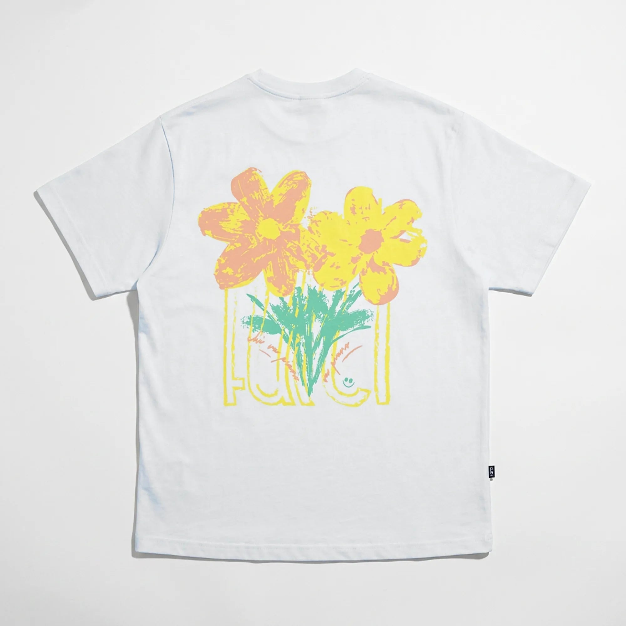 White Farci Studio Piano Tee worn street style, floral graphic back screen print yellow orange green, regular fit cotton