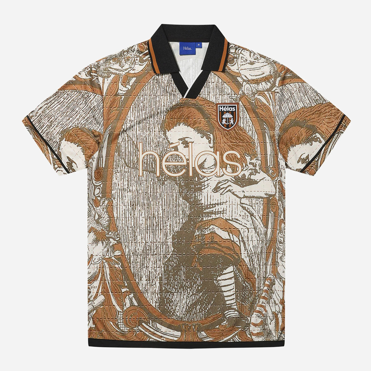 Hélas Alicia football jersey polo in Brown Multico, front view with Alice engraving, sponsor type and woven crest