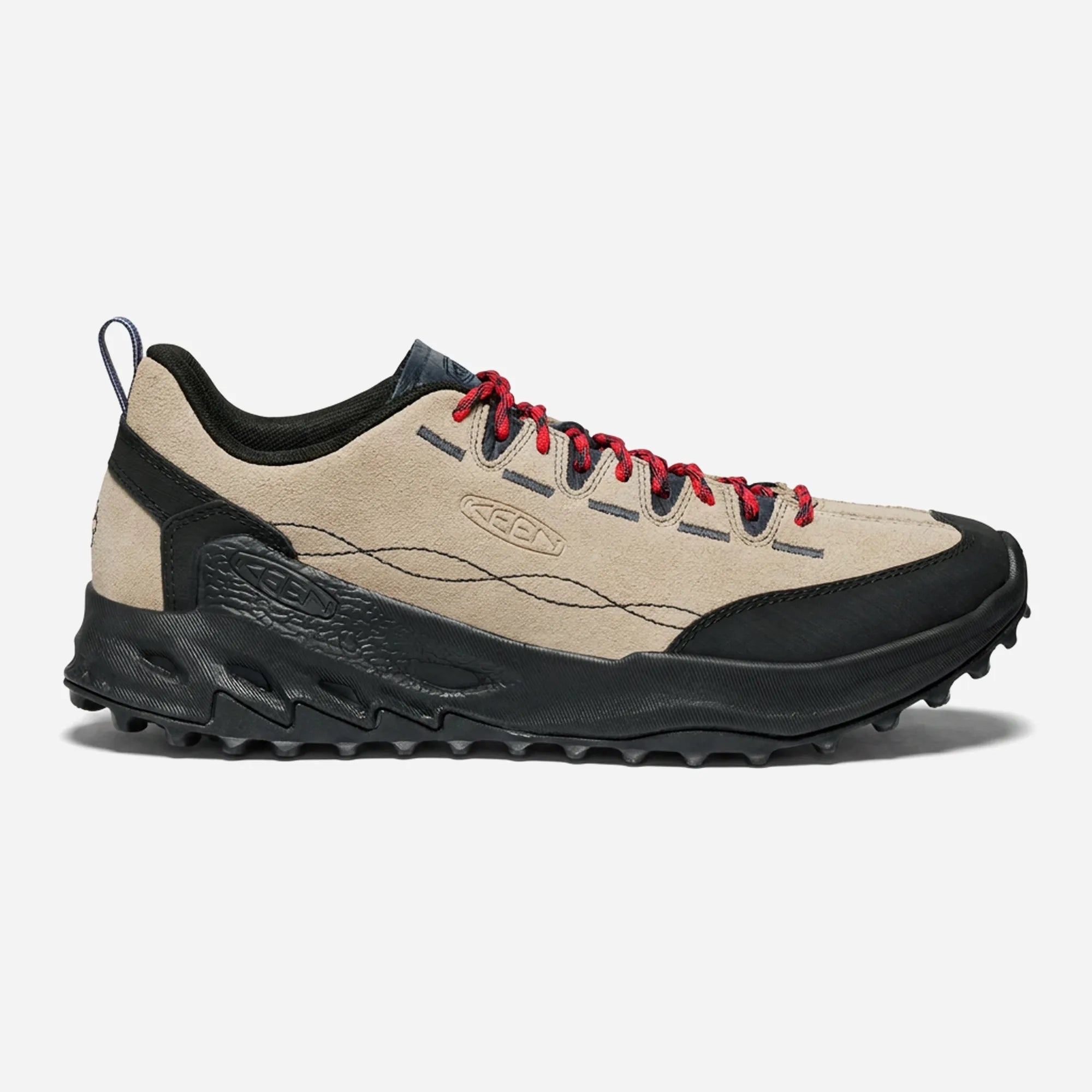 Chaussure KEEN Jasper Zionic Safari Sky Captain, cuir daim sable, overlays noirs et lacets rouge/marine