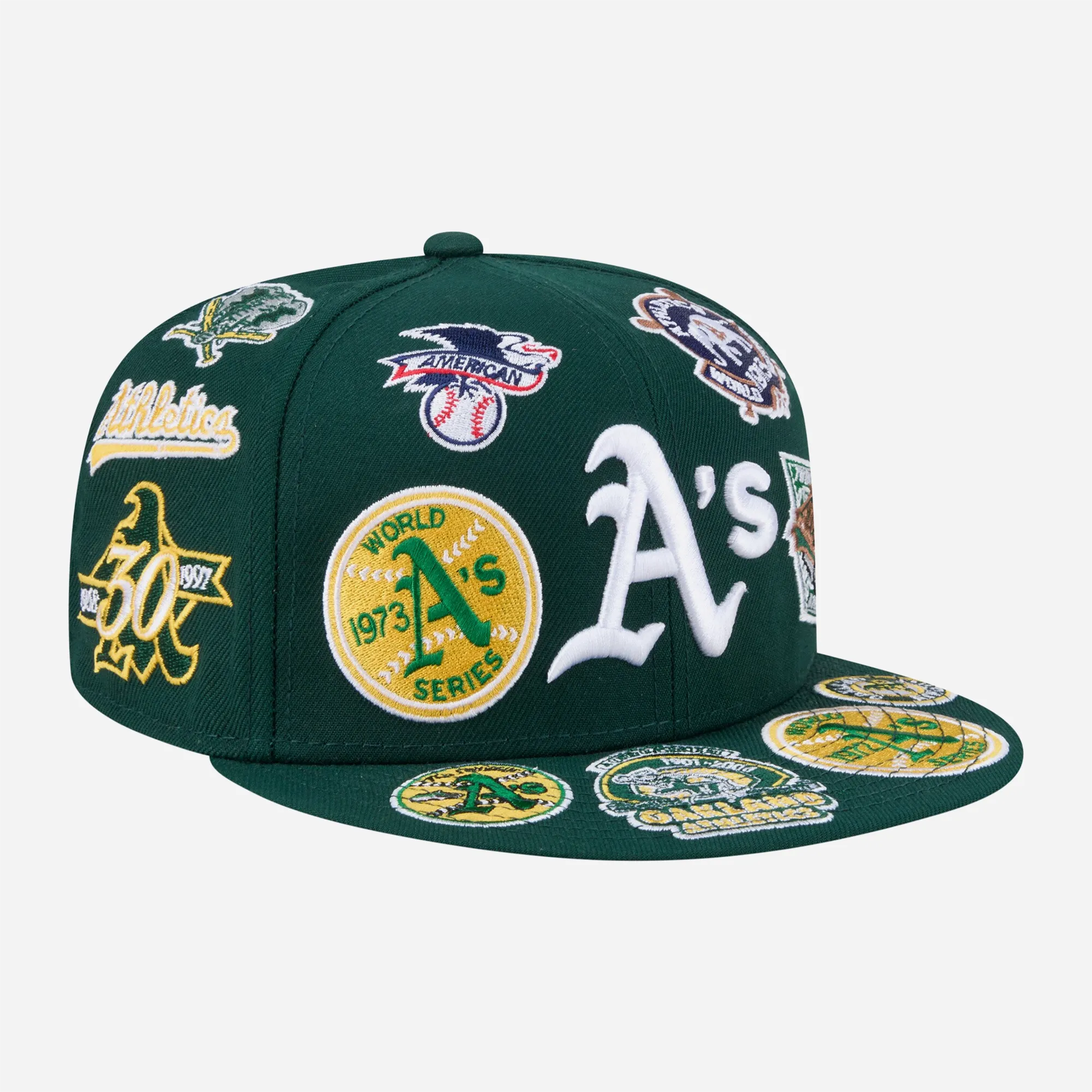 Premium streetwear New Era 59FIFTY Oakland Athletics green cap featuring all-over embroidered patches.