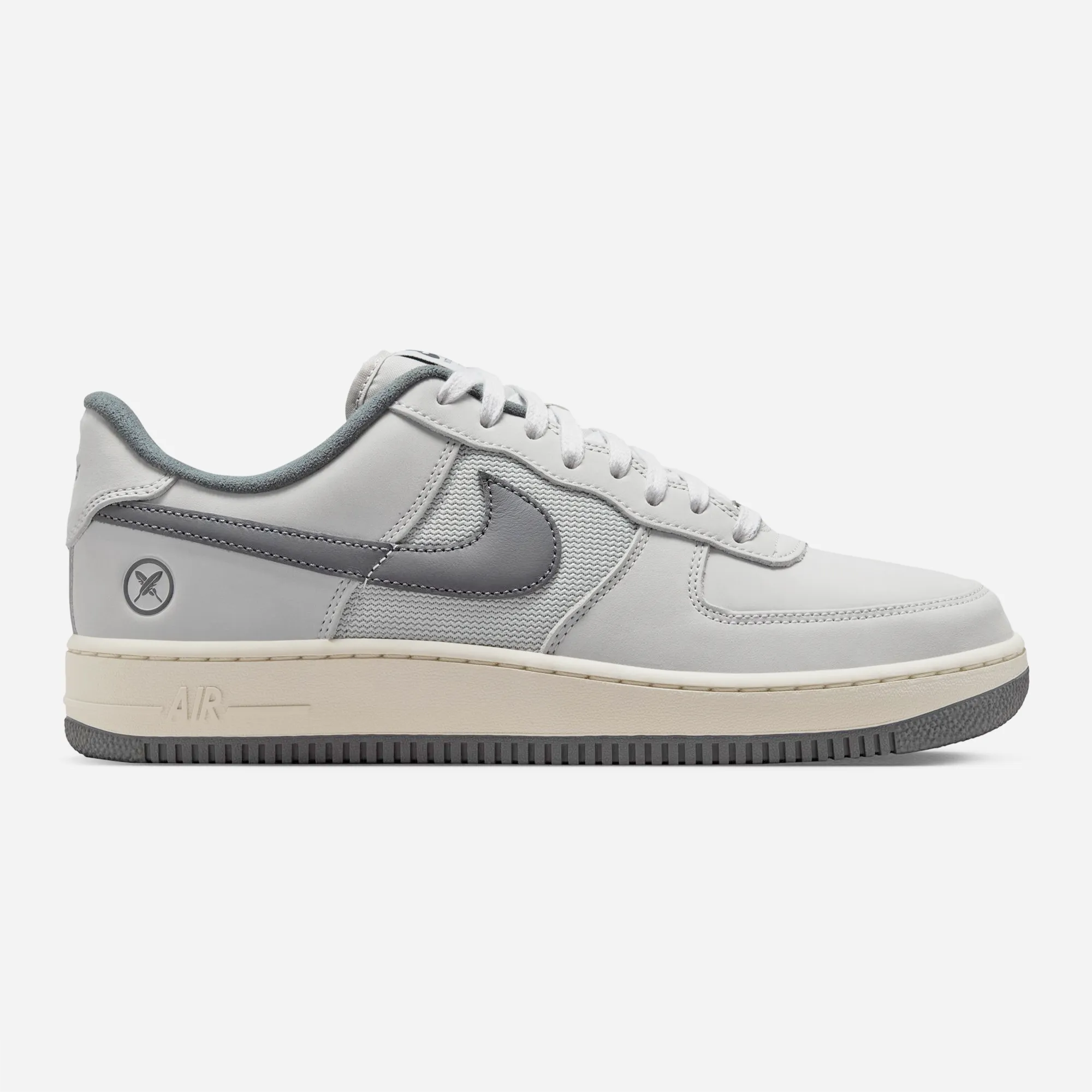 Nike SB Air Force 1 x Yuto White Iron Grey Coconut Milk skate sneaker, white and grey leather upper, side profile view