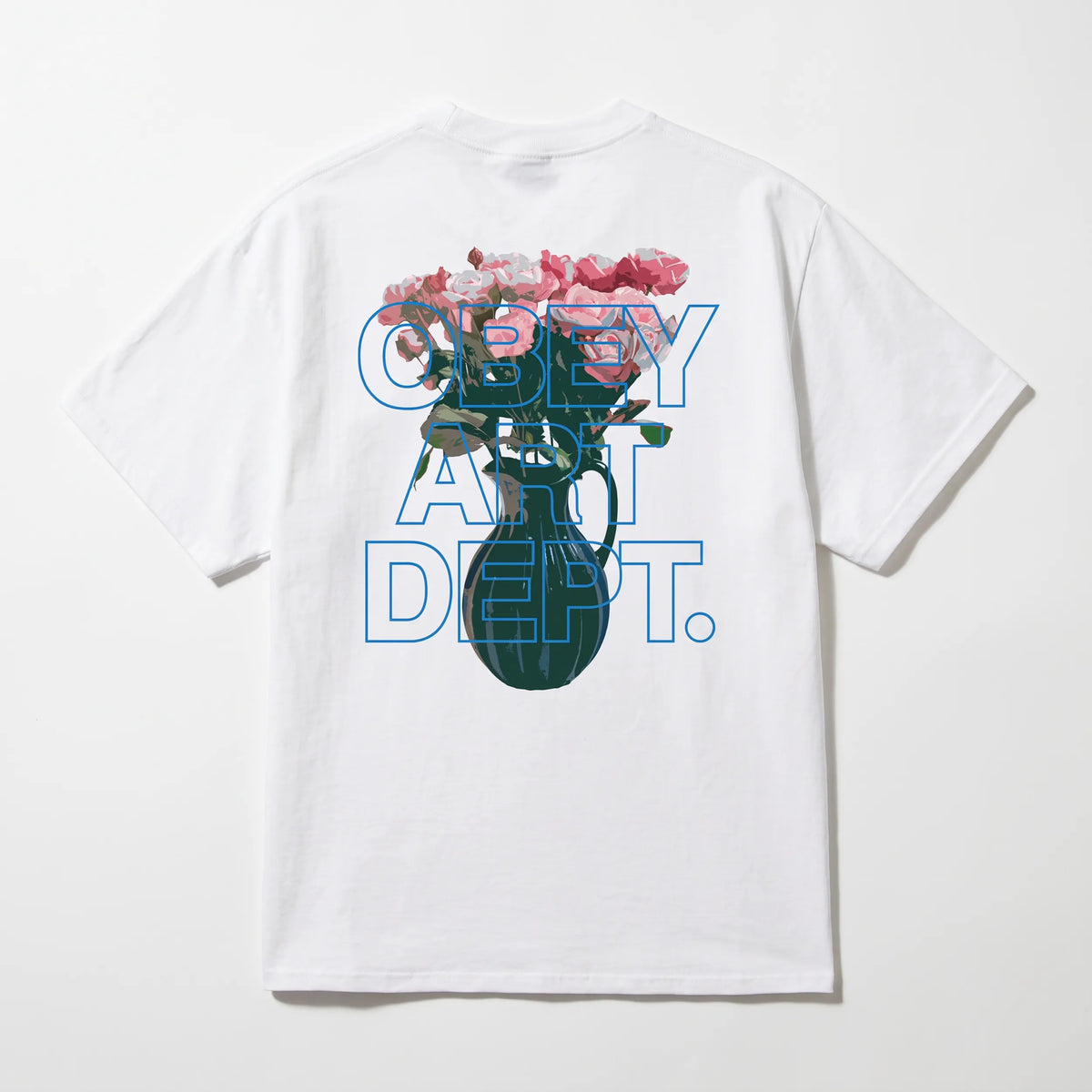Motif graphique sérigraphié Obey Art Dept au dos du t-shirt blanc.