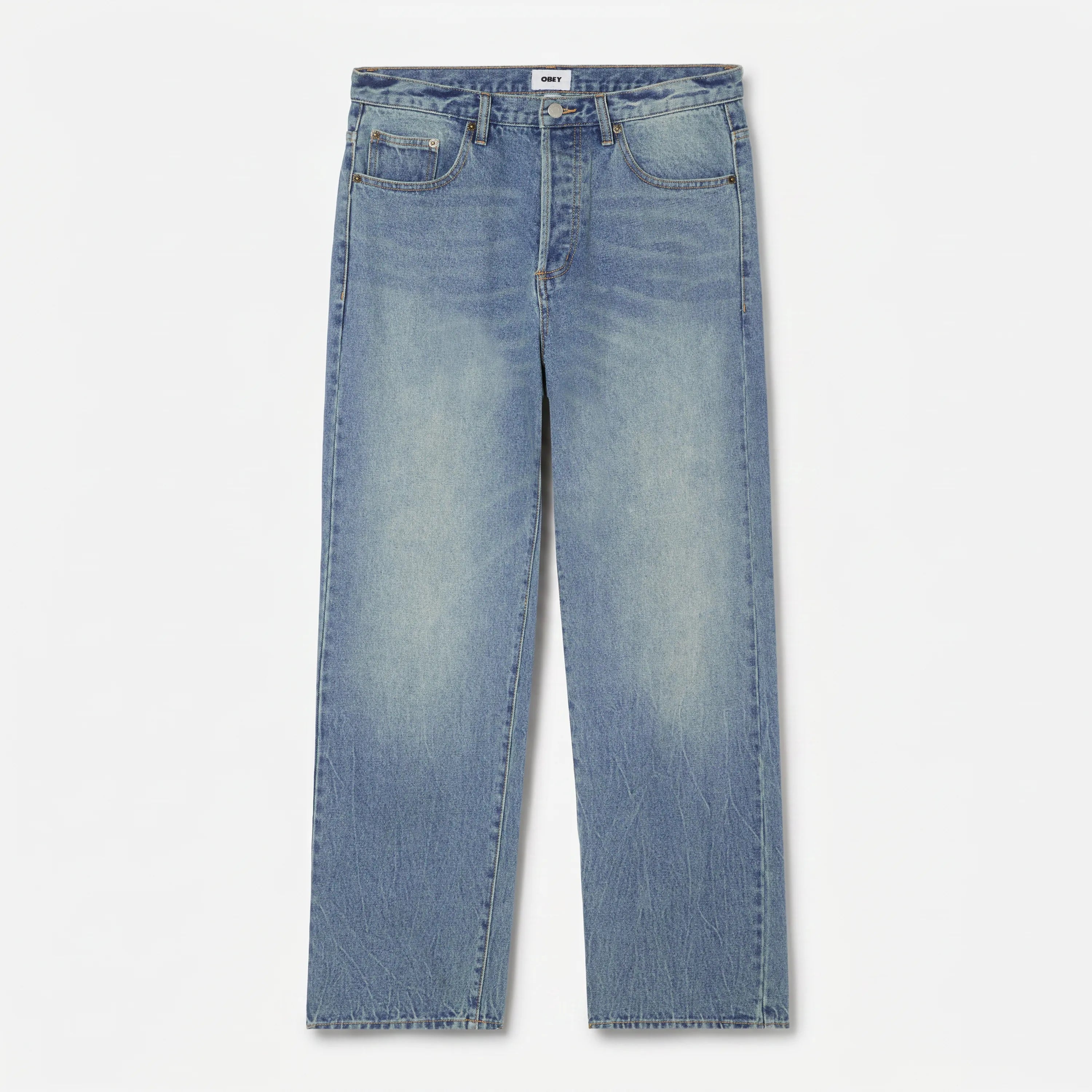 Front view of the Obey Boxcar straight-leg jeans in vintage indigo.
