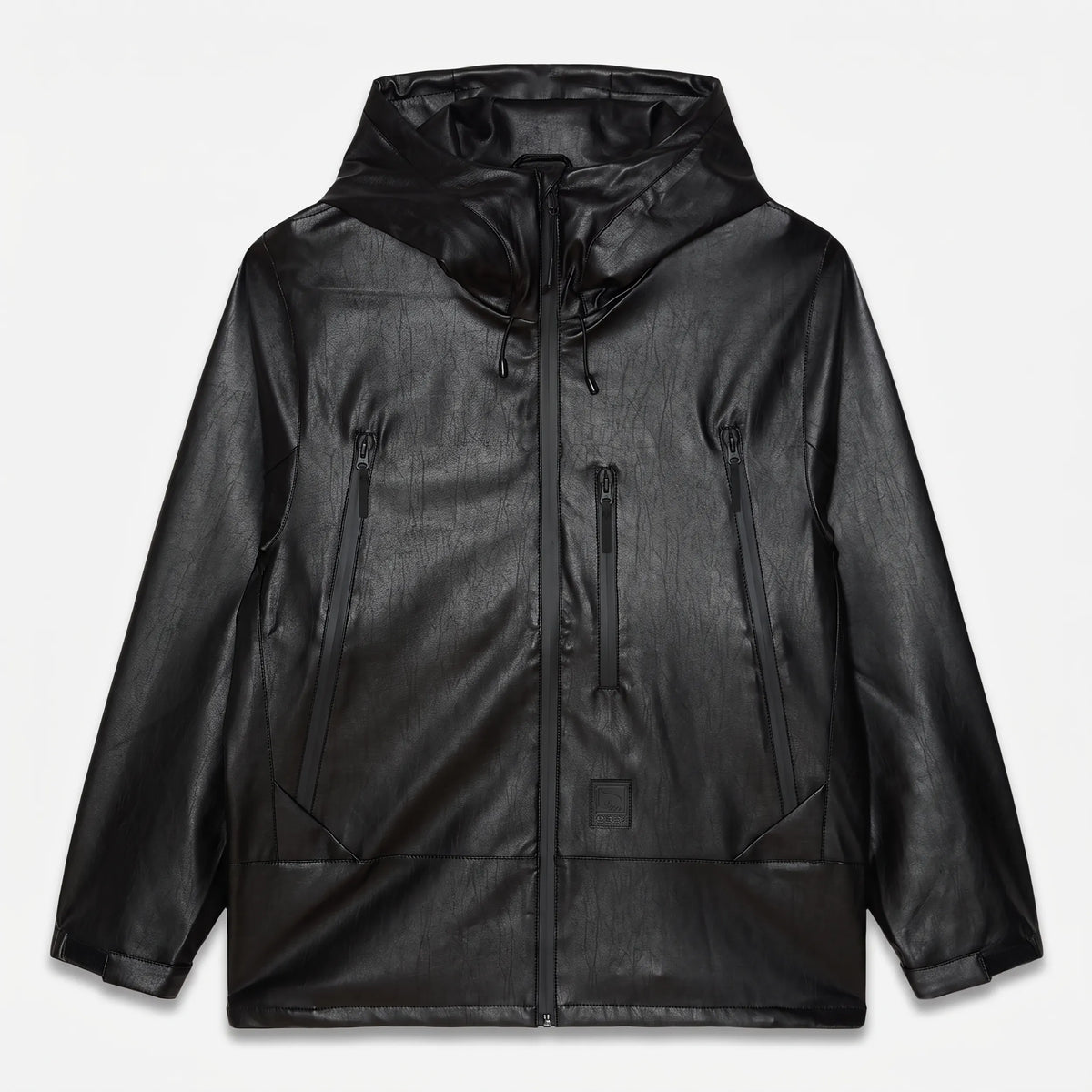 Front view of Obey Obsidian PU Jacket in Black featuring water-repellent zips and hood