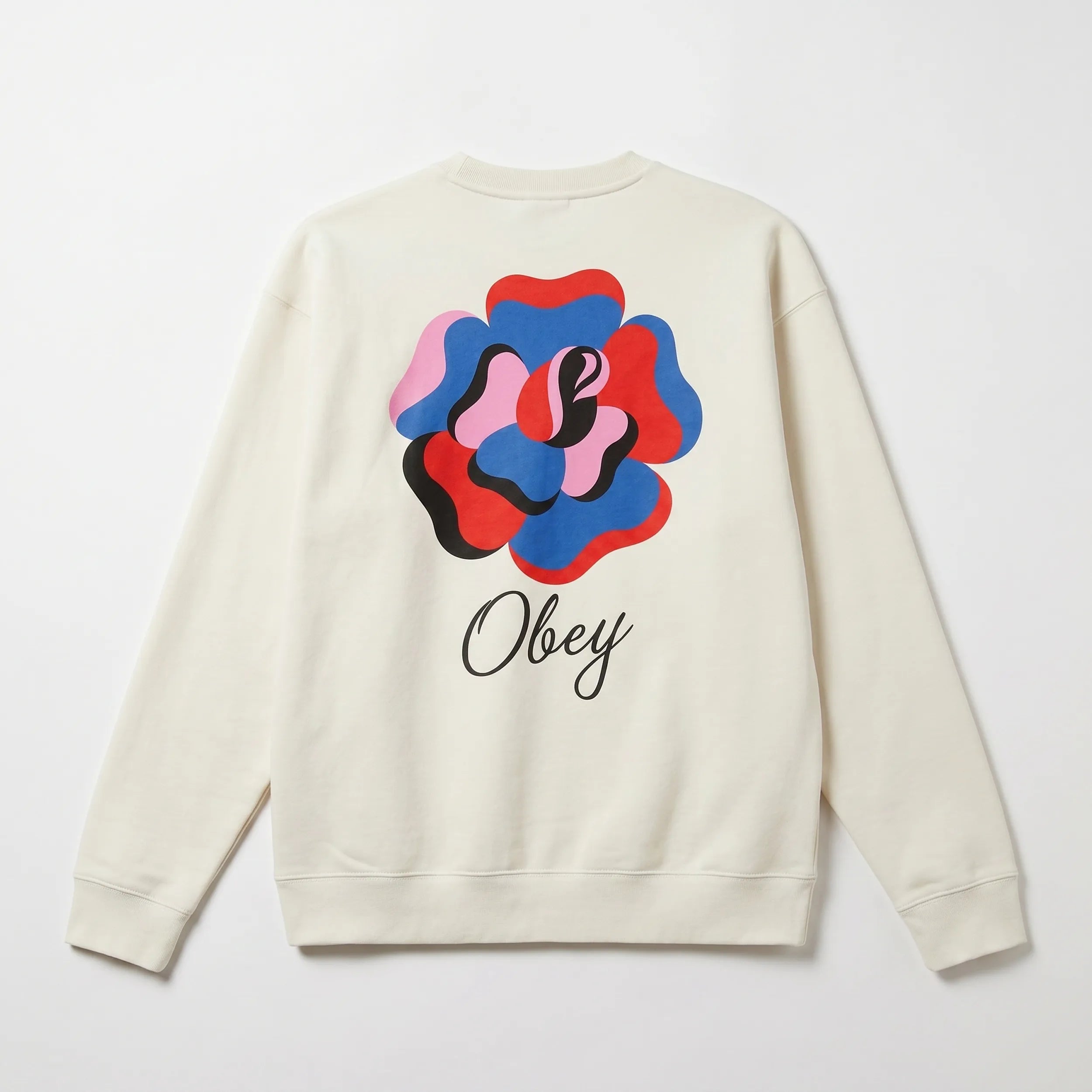 Dos du sweat Obey Paper Rose Off White arborant une grande illustration florale abstraite.