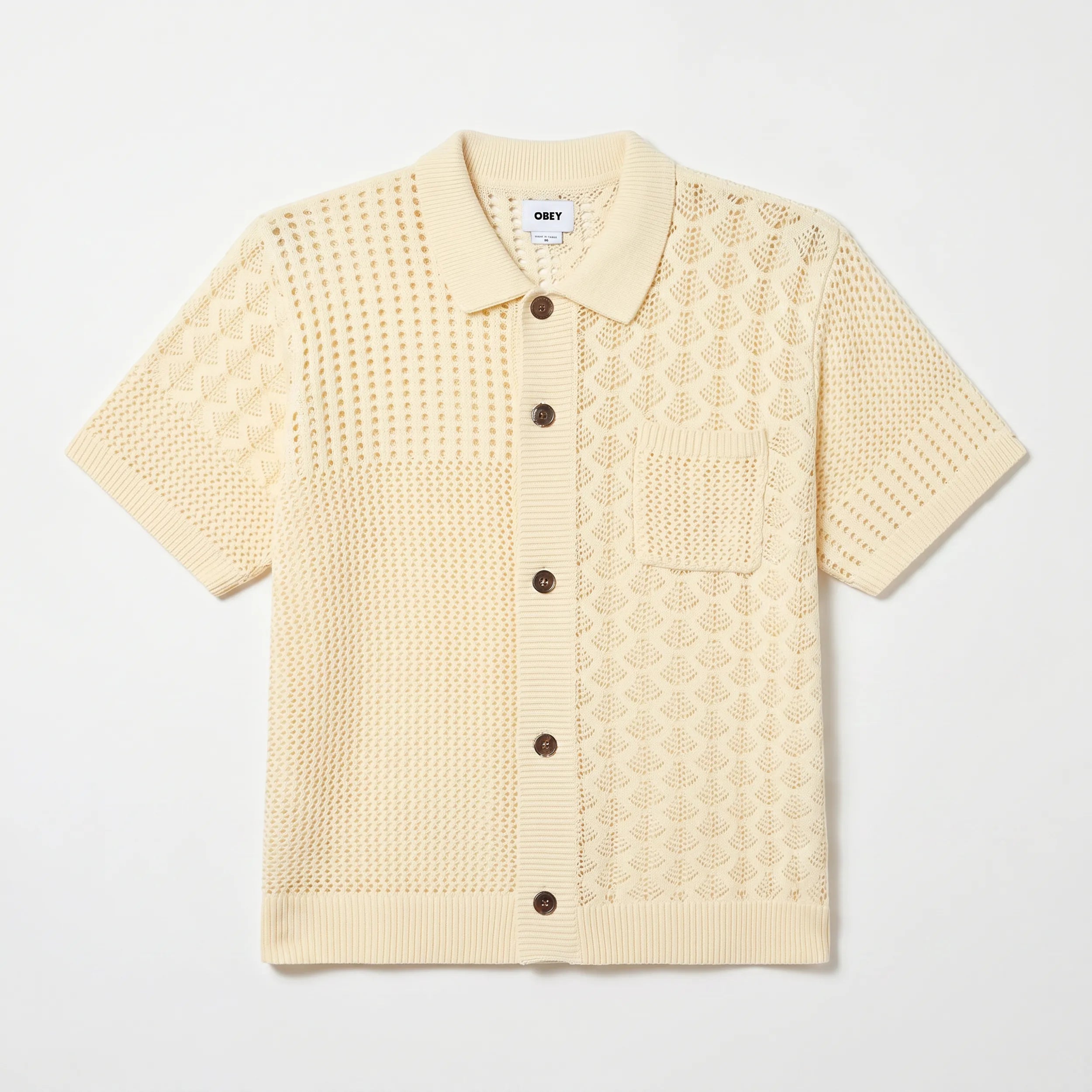Face de la chemise en maille tricotée beige Obey Preston Natural avec boutons et poche poitrine.