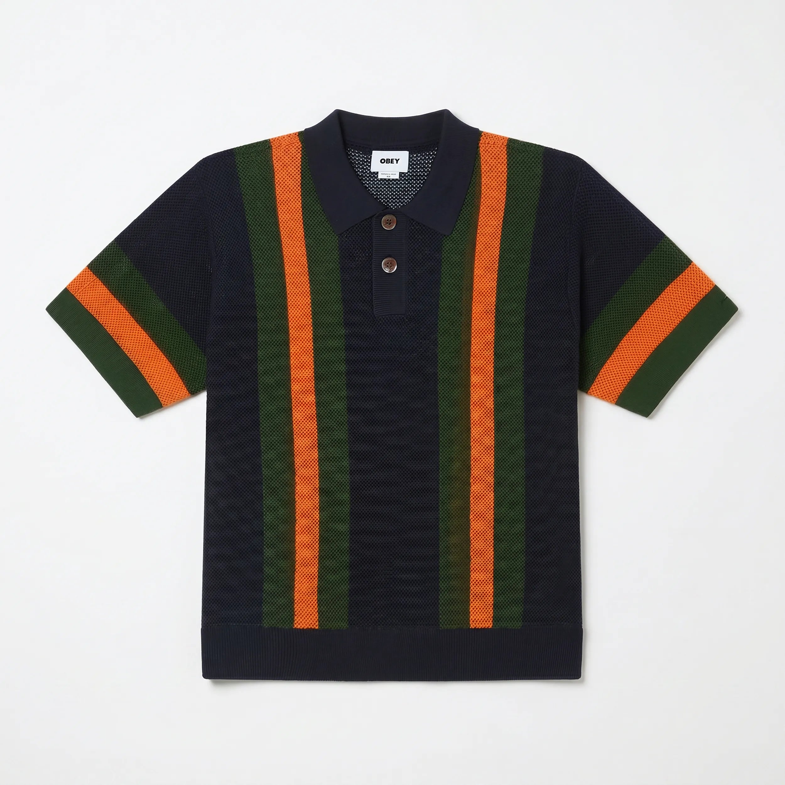 Face du polo en maille tricotée Obey Seth Dark Navy Multi avec rayures verticales vertes et orange.