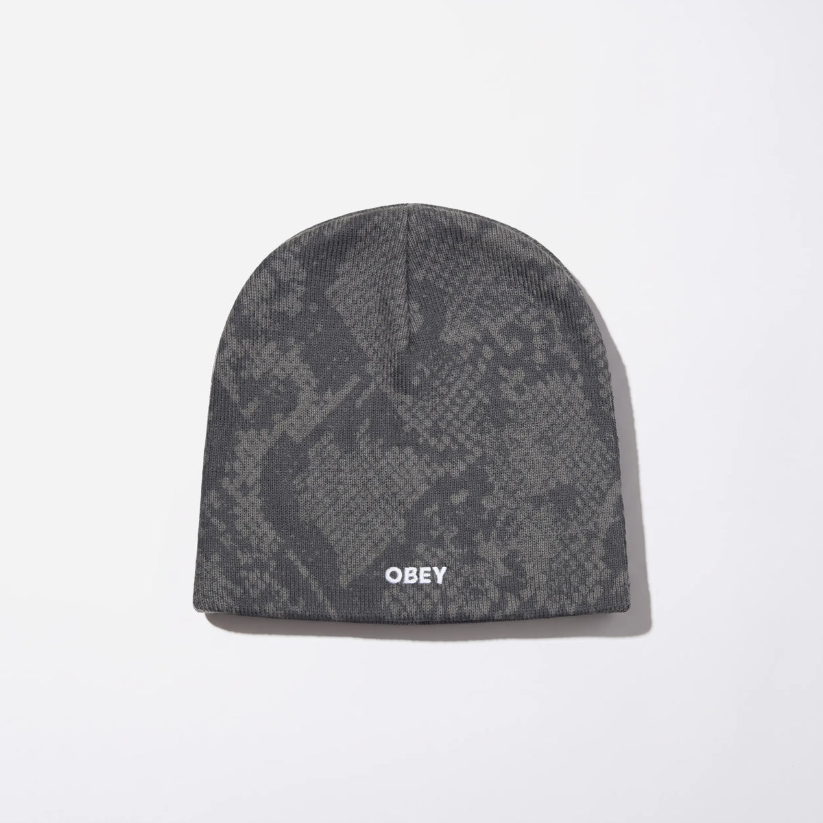 Obey Silo Beanie, grey snake skin jacquard beanie with embroidered logo, front view