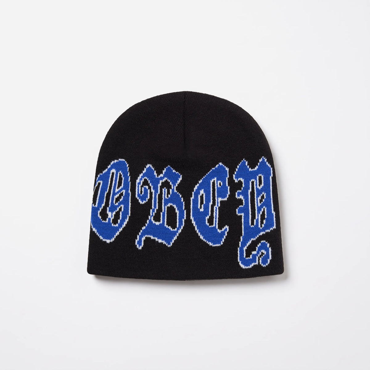 Obey Stina Beanie, black jacquard beanie with blue gothic logo, front view