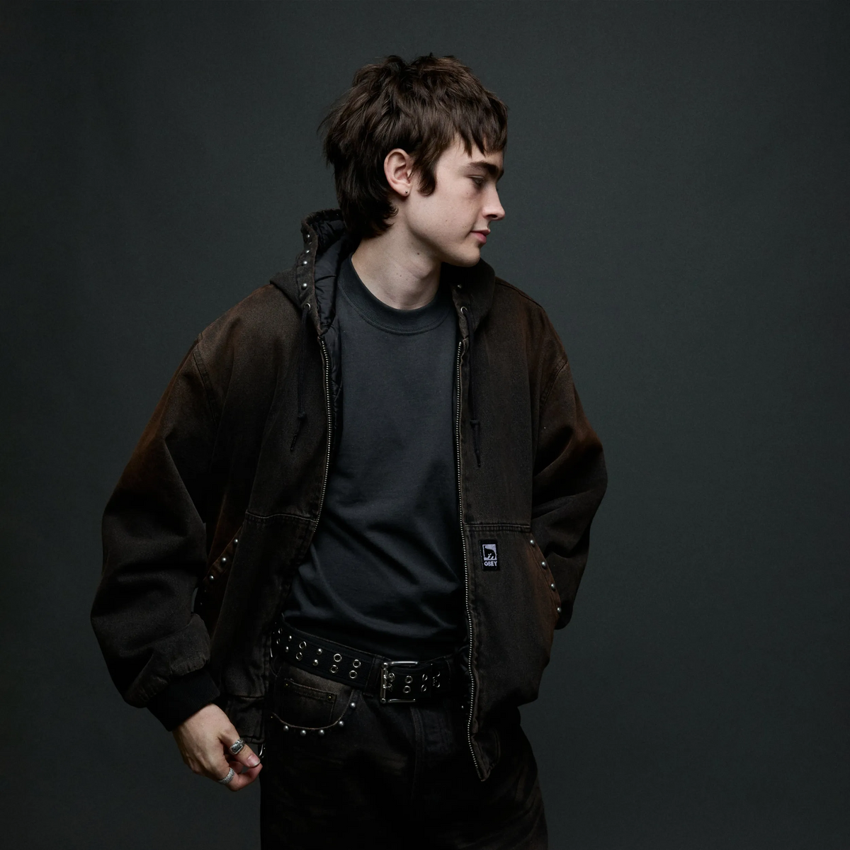 Veste Obey studded zip up jacket Black rust wash