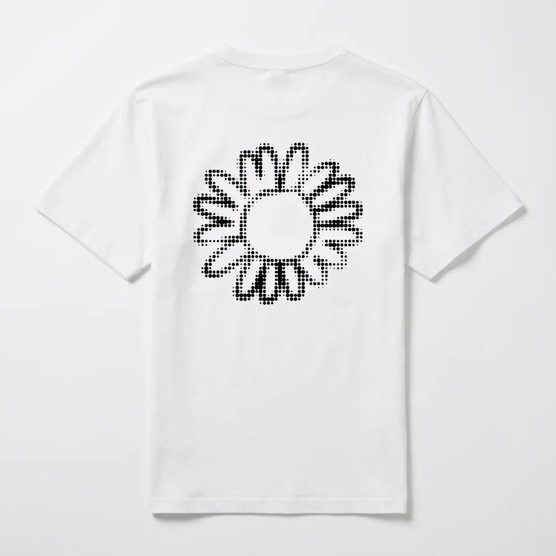 Back view of the white oversized Onze Mètres Carrés Flower Dot t-shirt with halftone floral screenprint.
