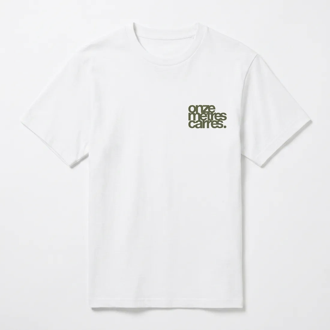 Front view of the white heavyweight cotton Onze Mètres Carrés t-shirt with heart-side logo print.