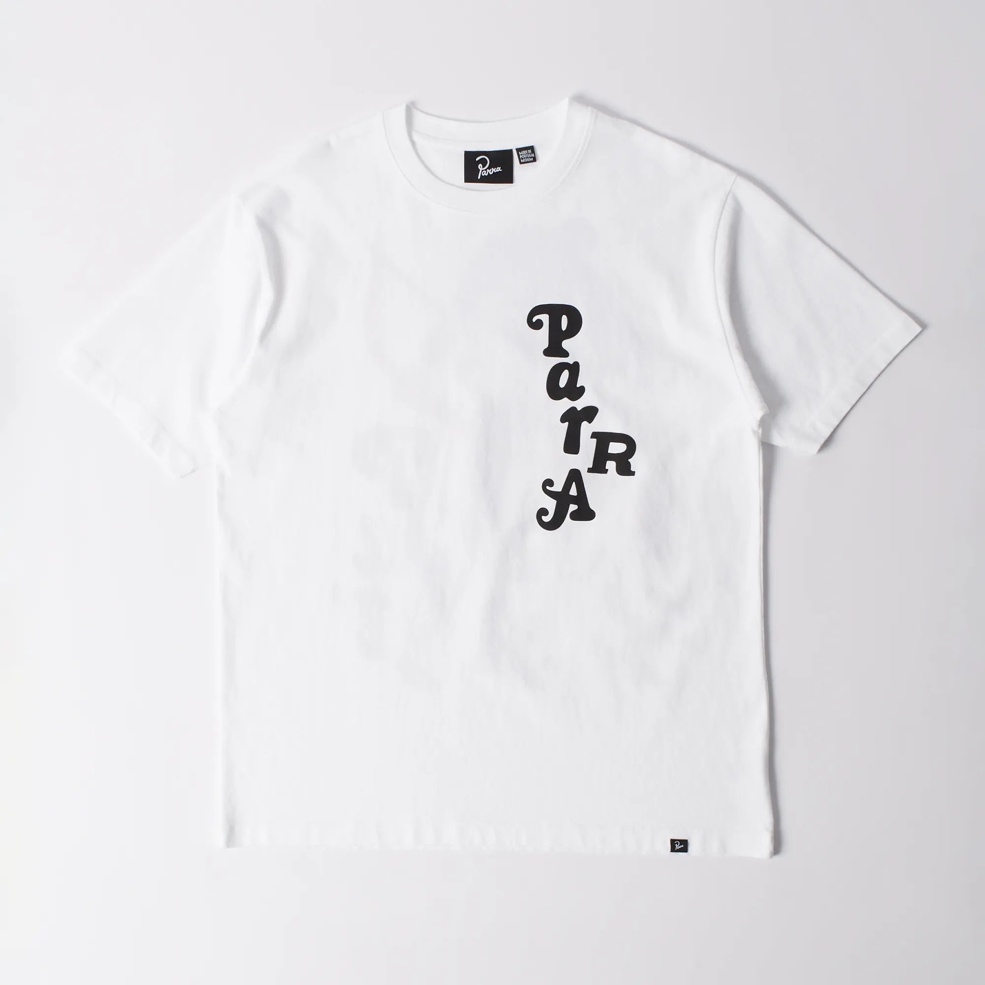 Front of the heavyweight cotton Parra Atalanta streetwear t-shirt in white, vertical lettering.