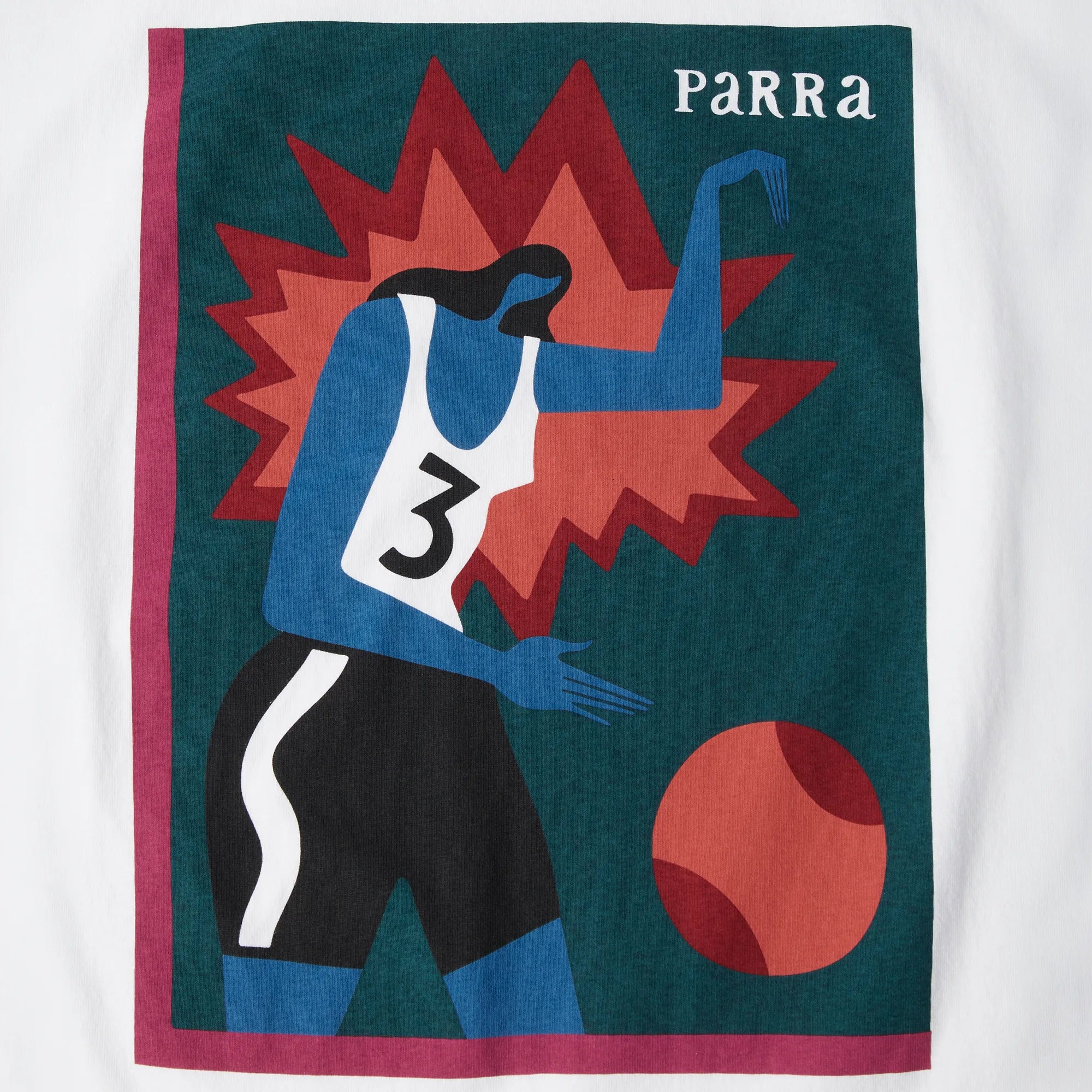 Détail de la sérigraphie à base d'eau et de la coupe boxy du t-shirt Parra Baseketball