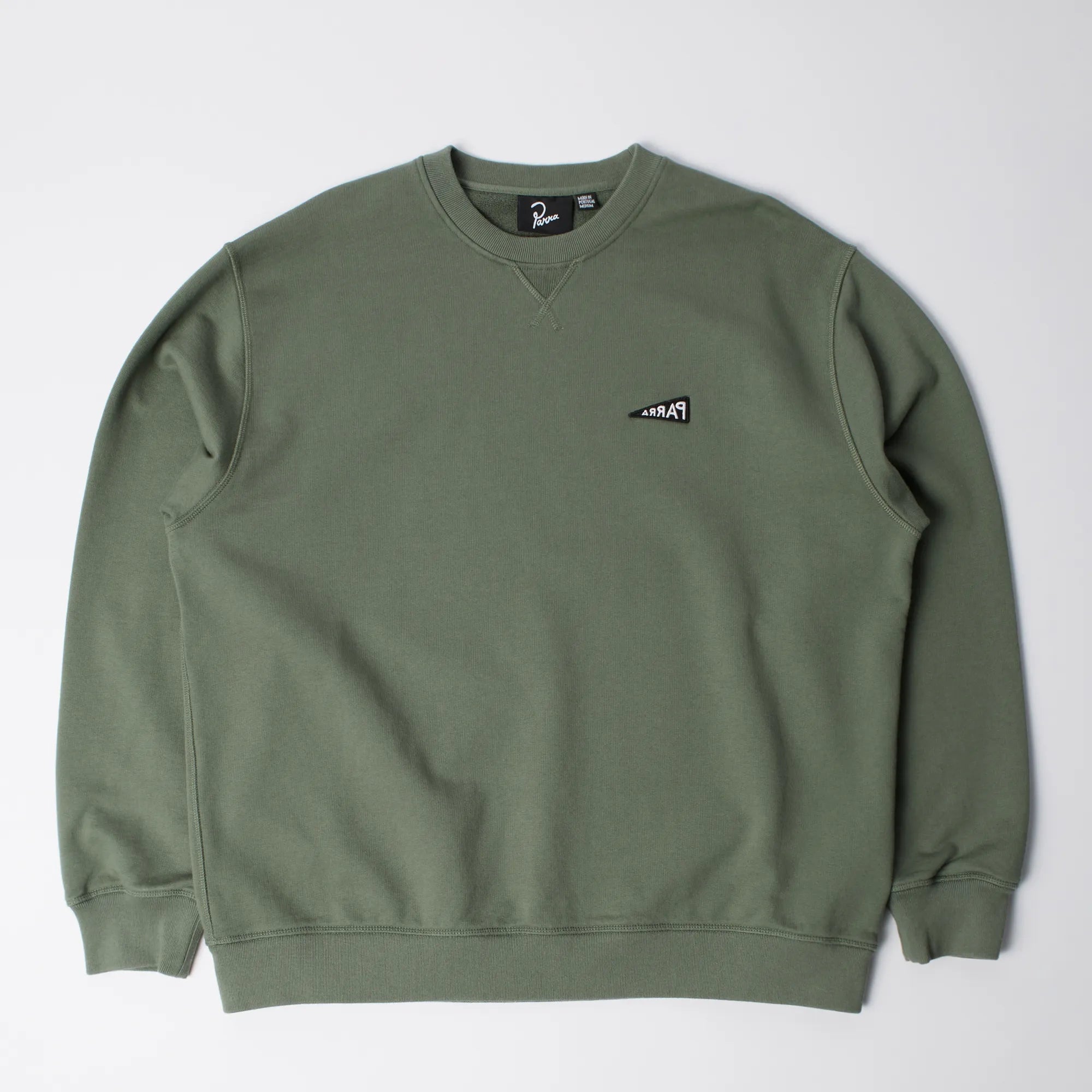 Front view of the Parra Flag Logo green sweatshirt.
