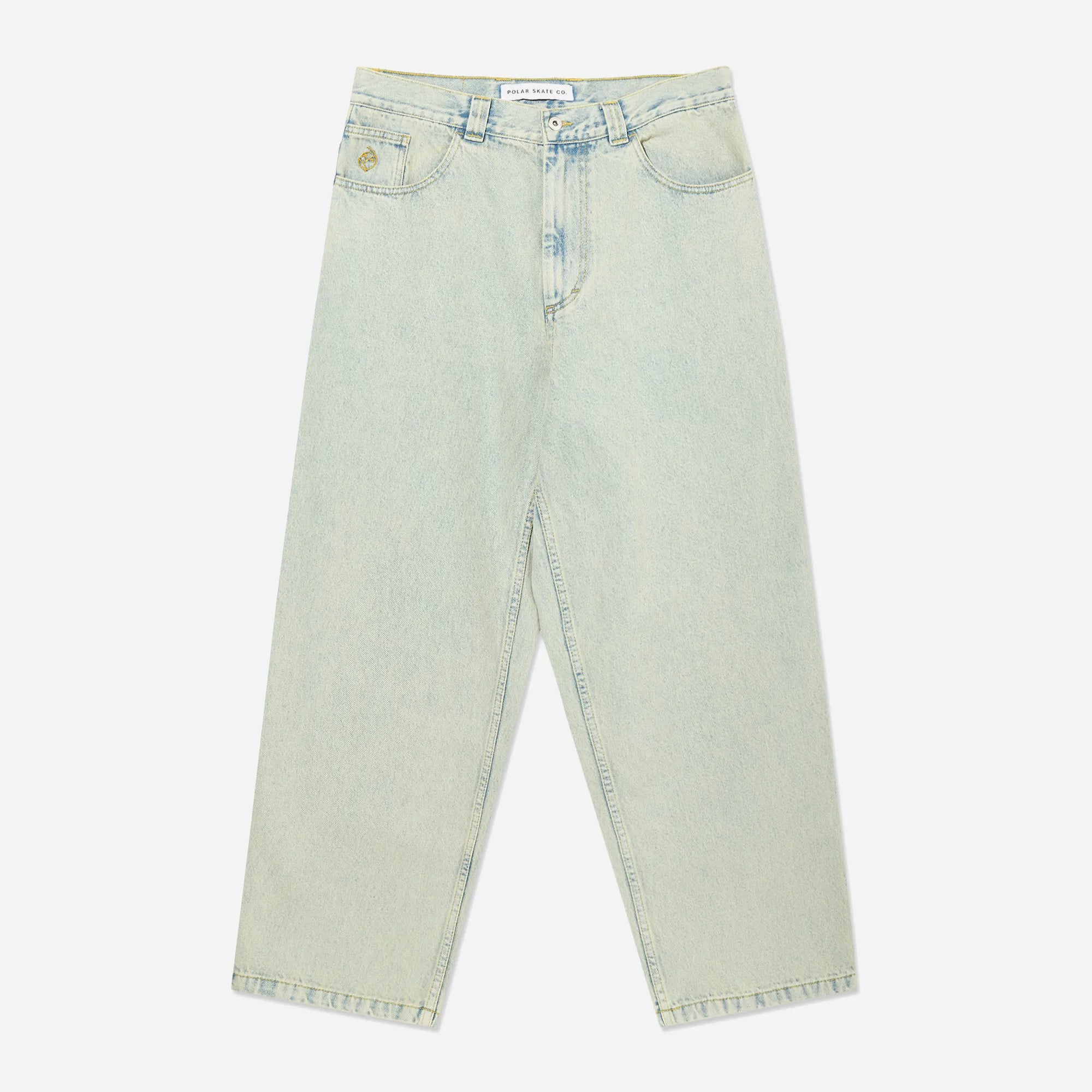 Front view of the premium oversized Polar Skate Co Big Boy pants in washed light blue heavyweight denim.