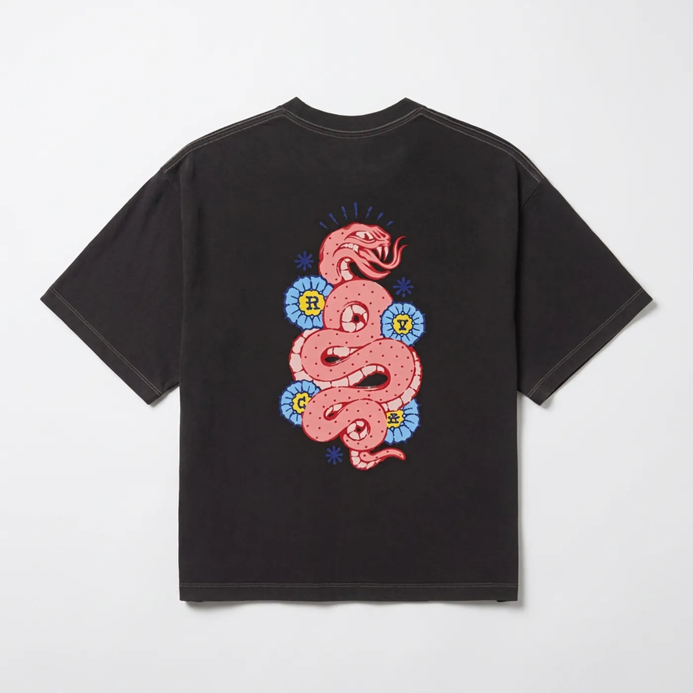 Rear view of the washed black RVCA t-shirt showing the snake graphic print