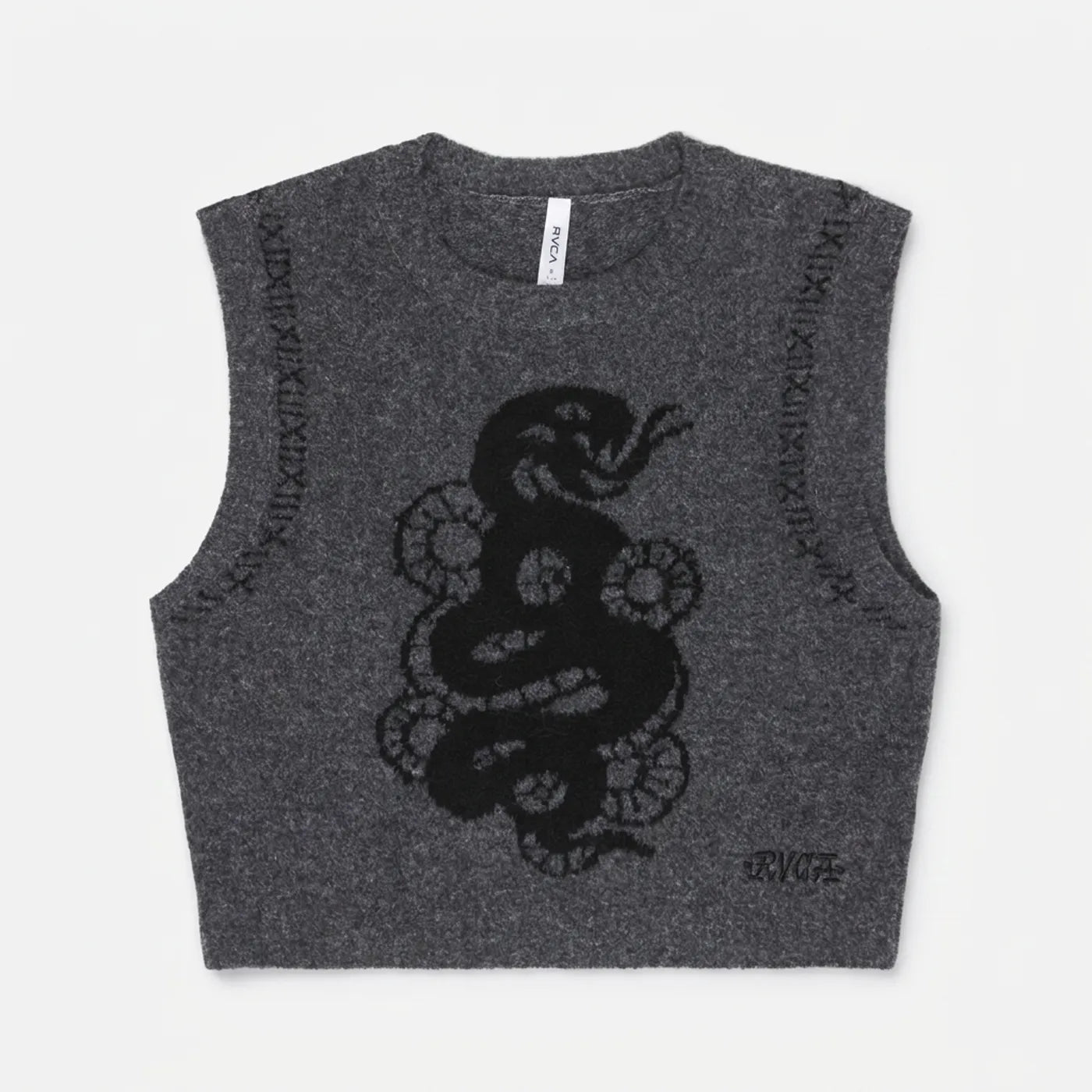 Front view of the RVCA Women's Dalas Snake sweater vest in Washed Black