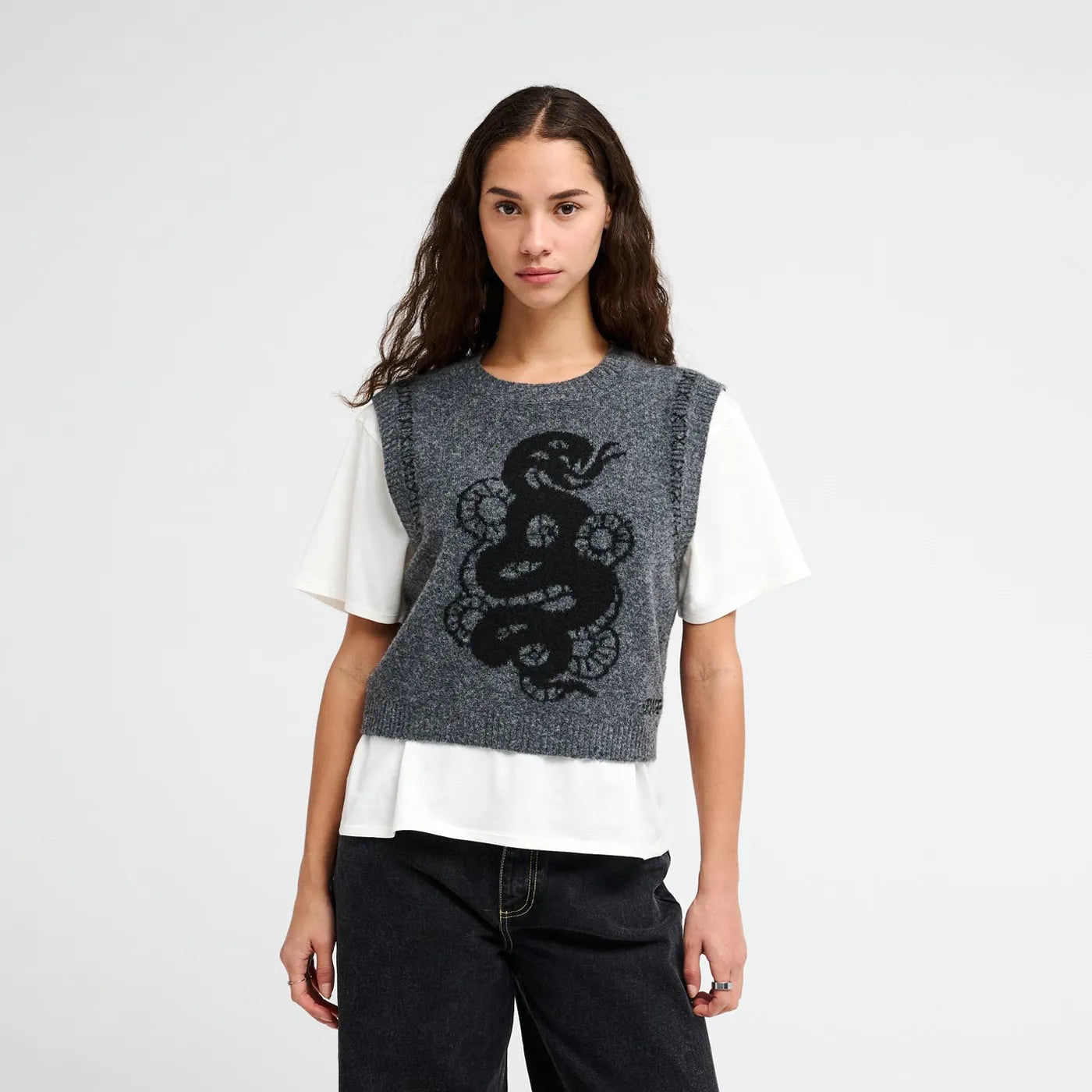 RVCA Dalas Snake sweater vest layered over a white t-shirt