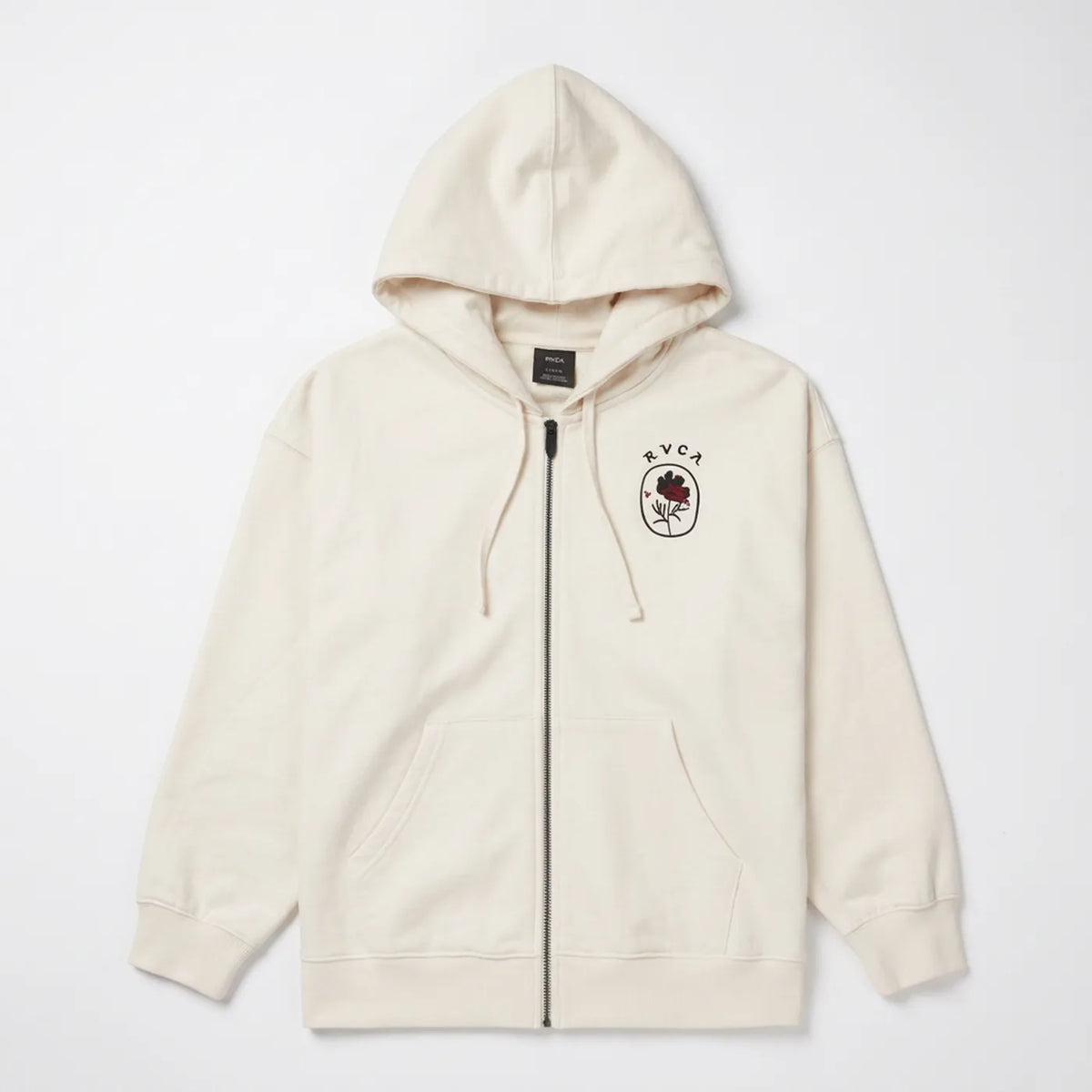 Sweat à capuche zippé écru RVCA Odai Salt femme vue de face.
