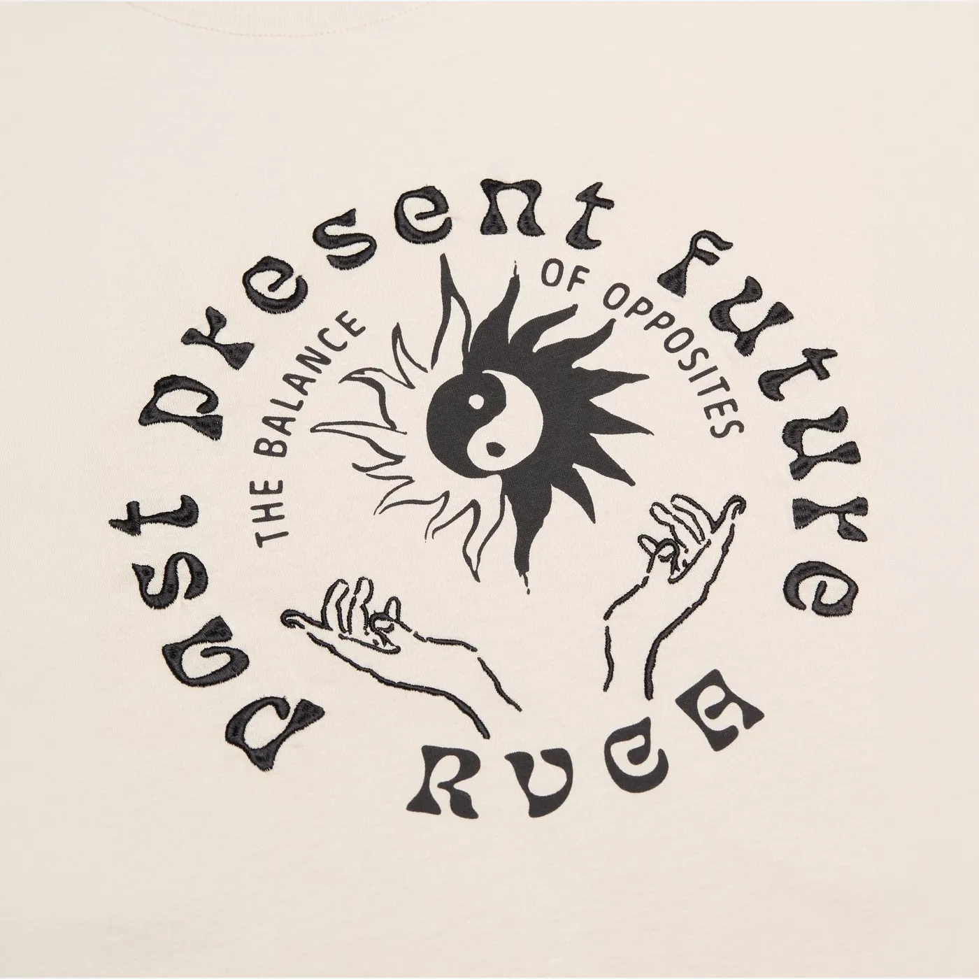 Close-up of the screen print and embroidery details on the Ceramic RVCA t-shirt