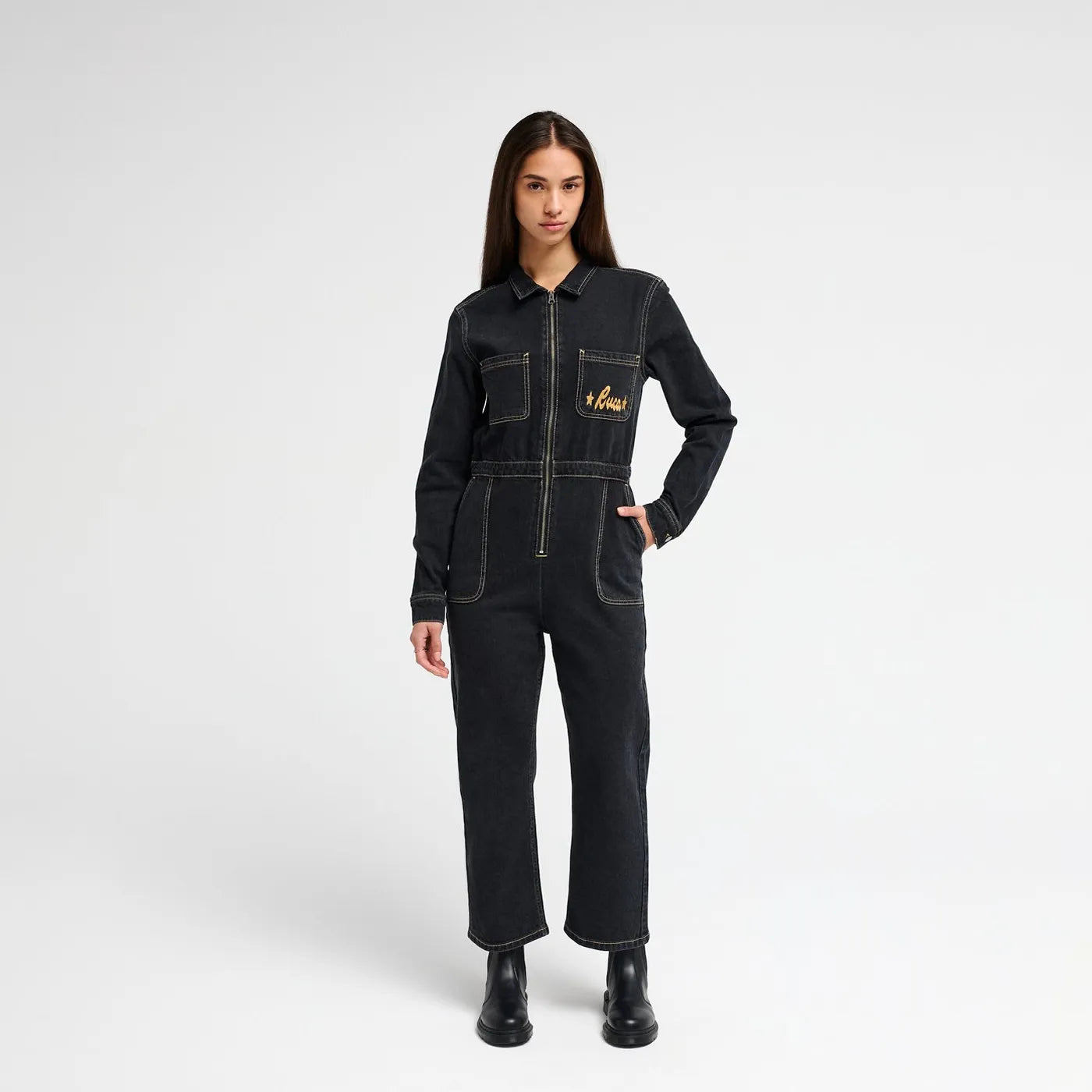RVCA Worker Denim Jumpsuit Washed Black