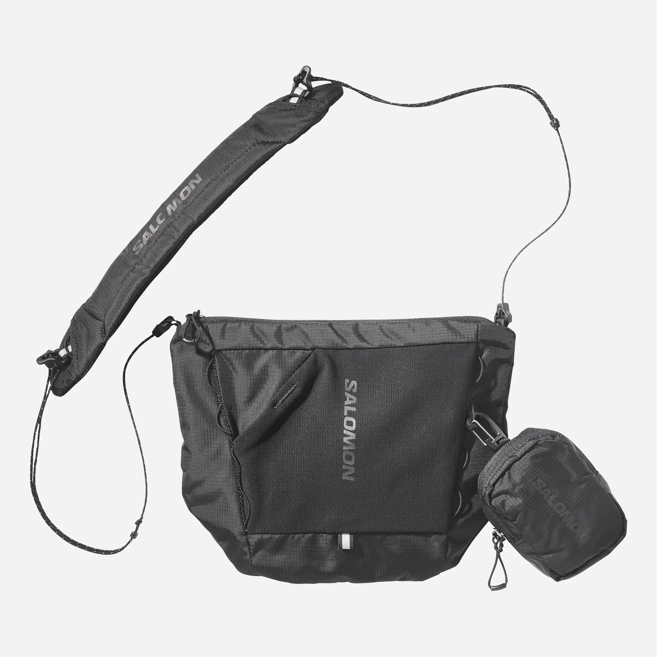 Sacoche Salomon noire vide vue de face à plat.