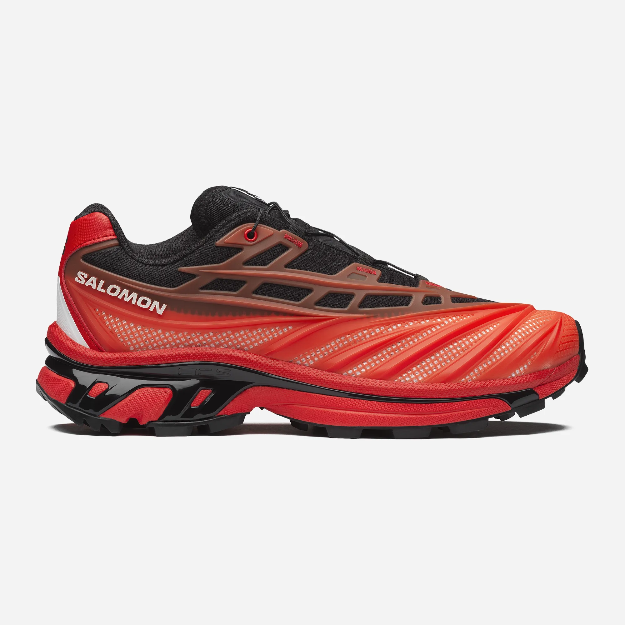 Salomon XT-EVO Black Fiery Red White sneaker, black mesh upper with fiery red gradient and lugged Contagrip outsole