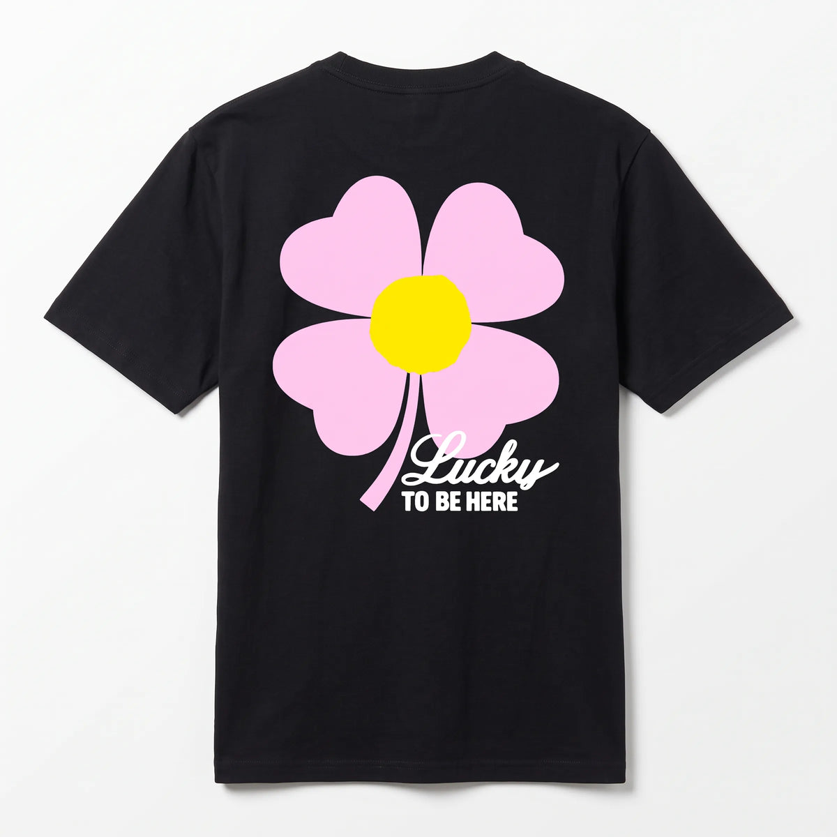 T-shirt Onze Mètres Carrés Lucky To Be Here Black vue de dos avec grand motif floral trèfle coloré