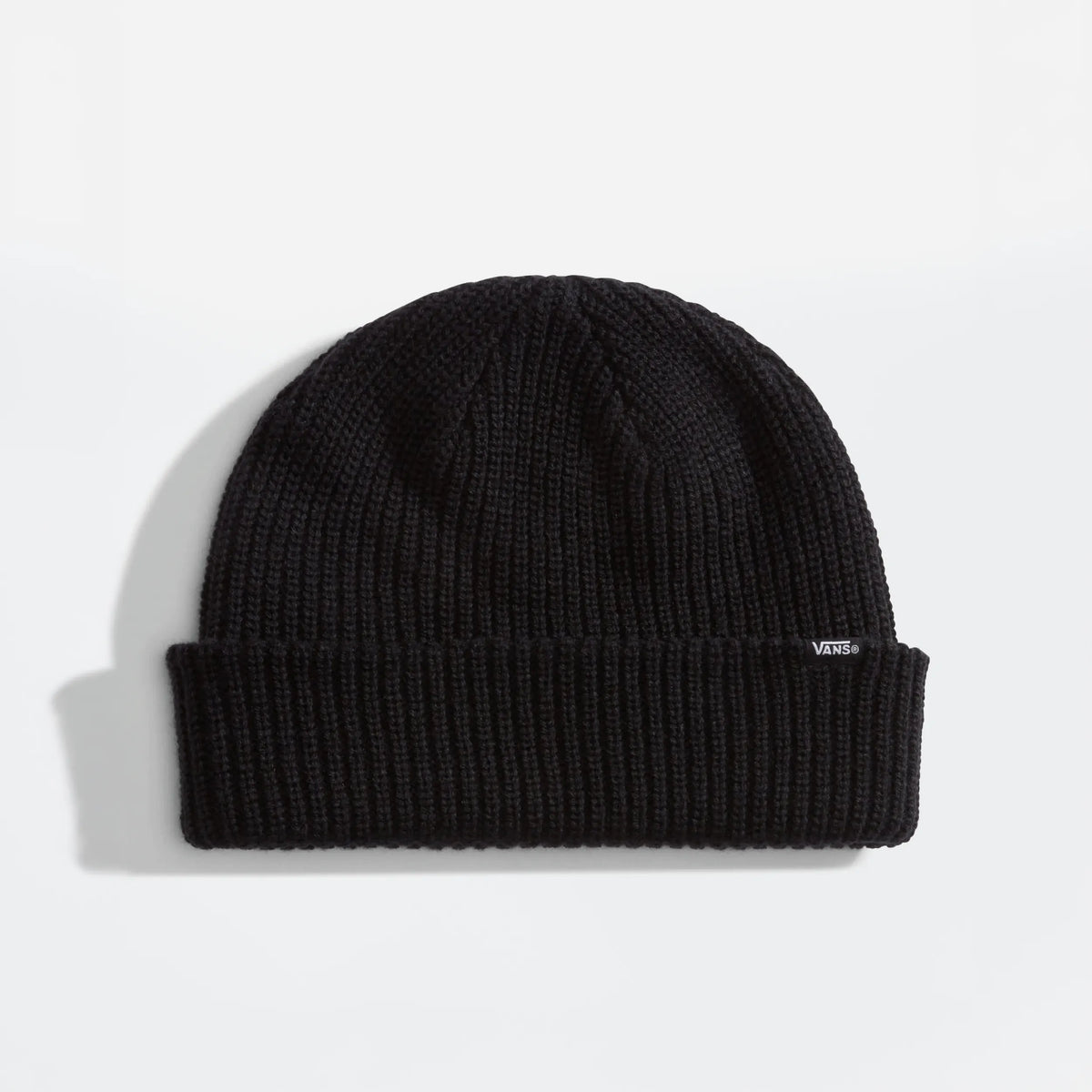 Vans Core Basic Cuff Beanie in black, ribbed cuffed knit, front view