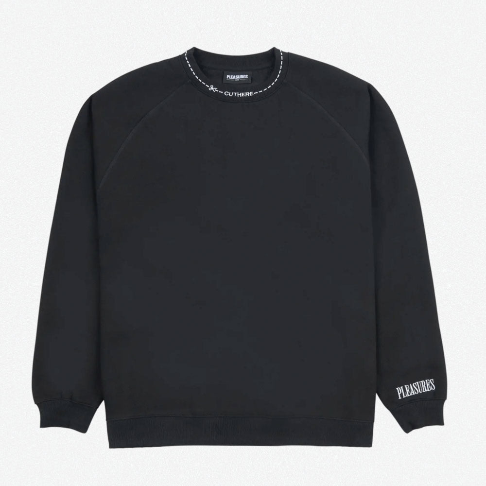 PLEASURES - CUT HERE RAGLAN CREWNECK - BLACK