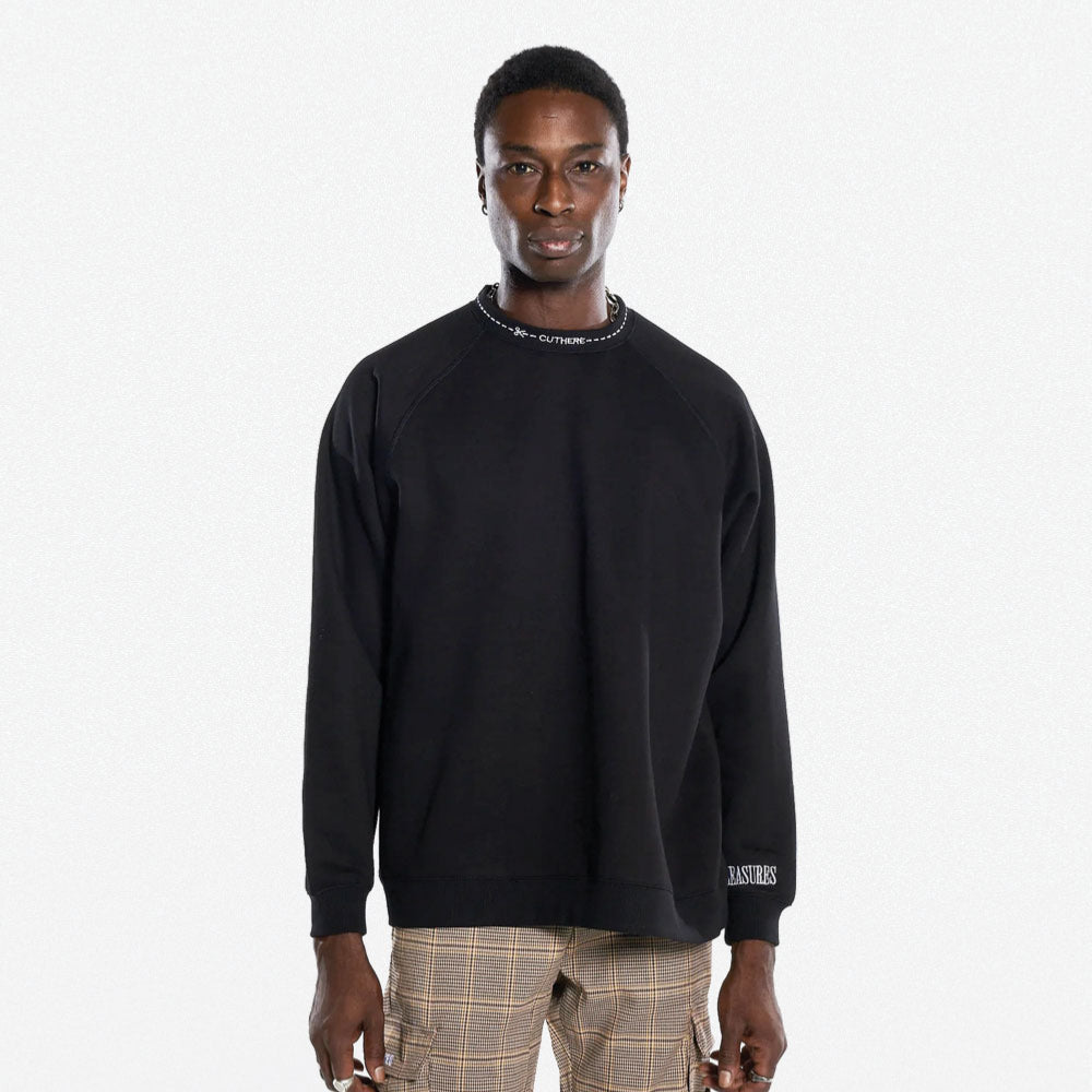 PLEASURES - CUT HERE RAGLAN CREWNECK - BLACK