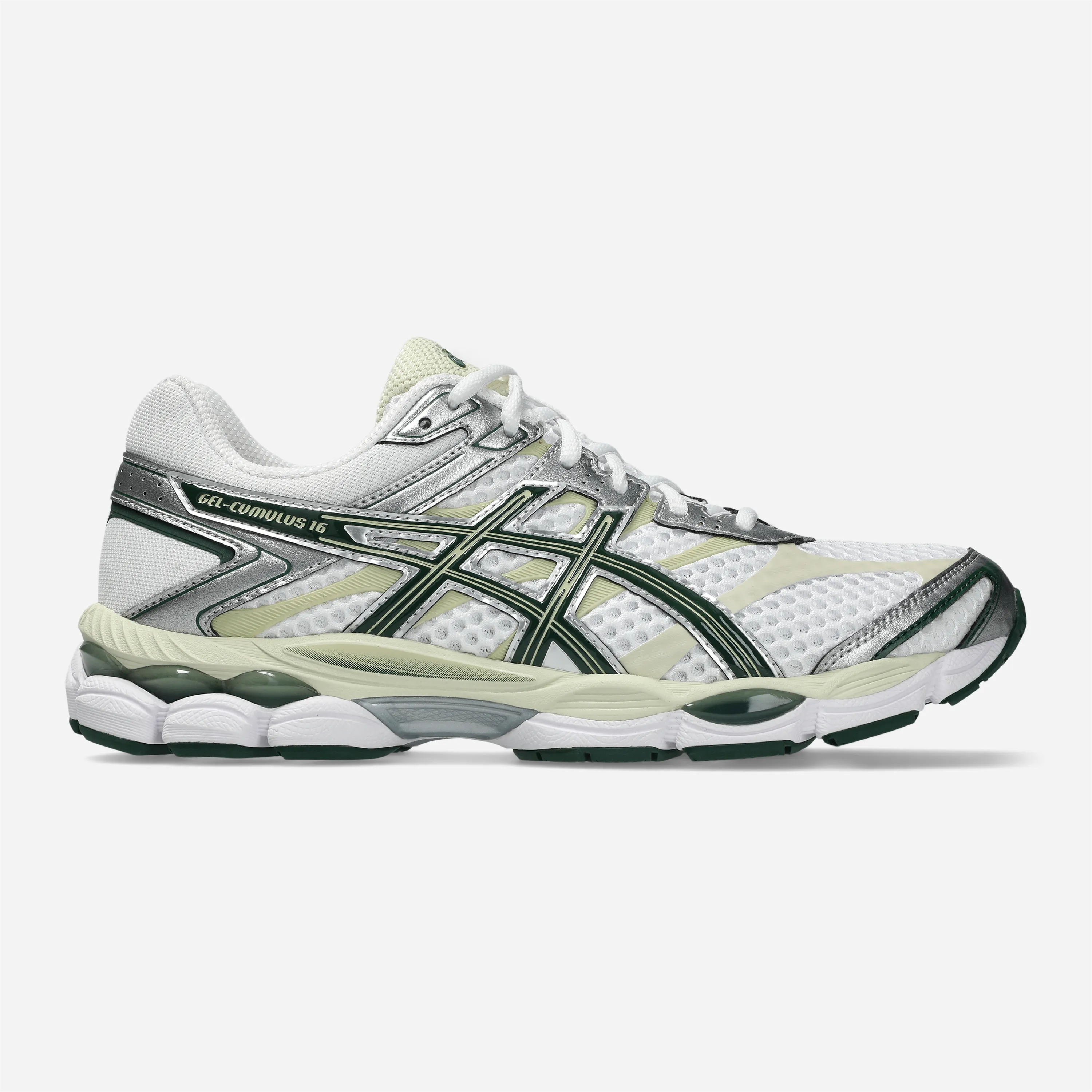 Profil droit de la sneaker ASICS GEL-Cumulus 16 montrant les empiècements de technologie GEL intégrés dans la semelle.