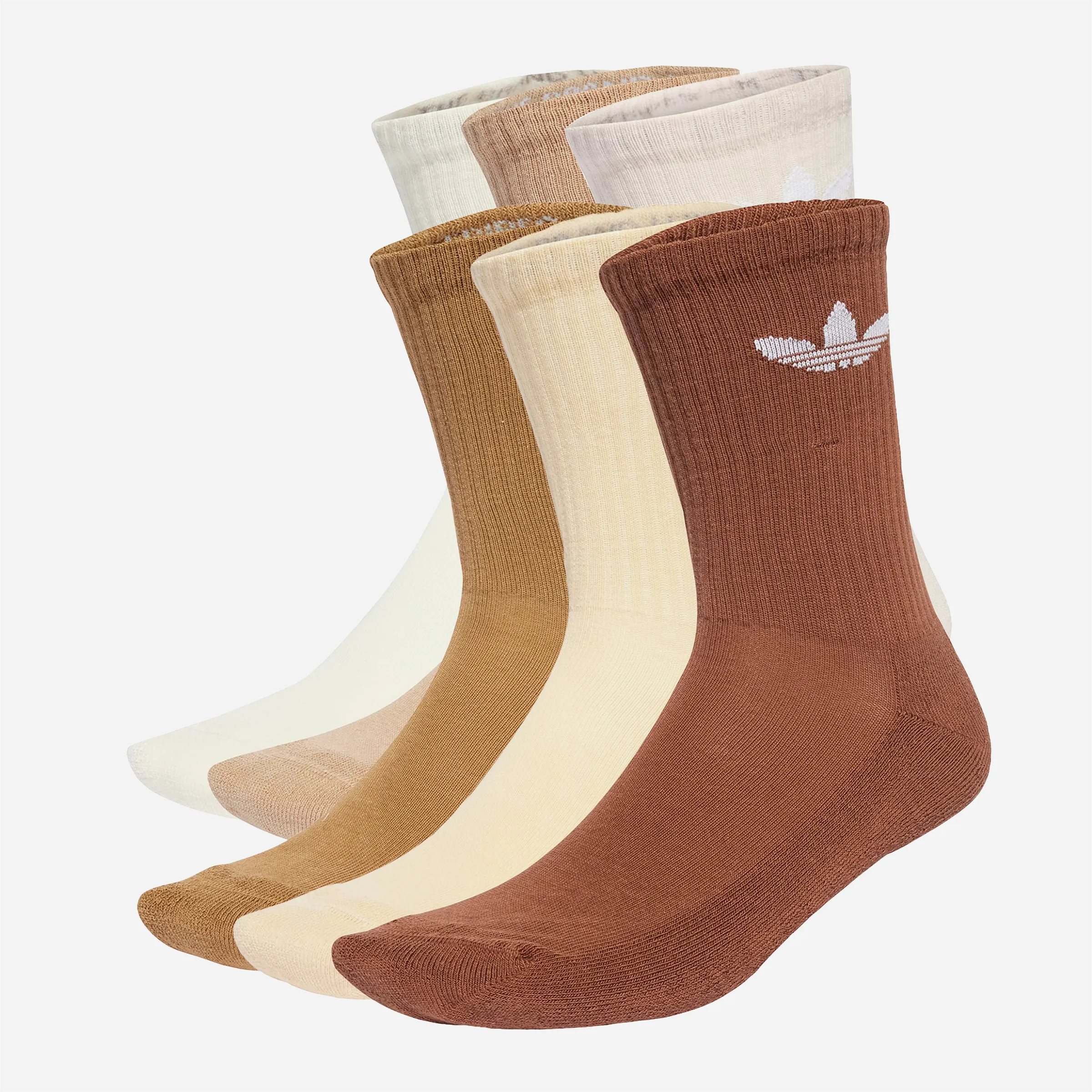 6-pack of Adidas crew socks in gradient beige, brown, and cream colors.