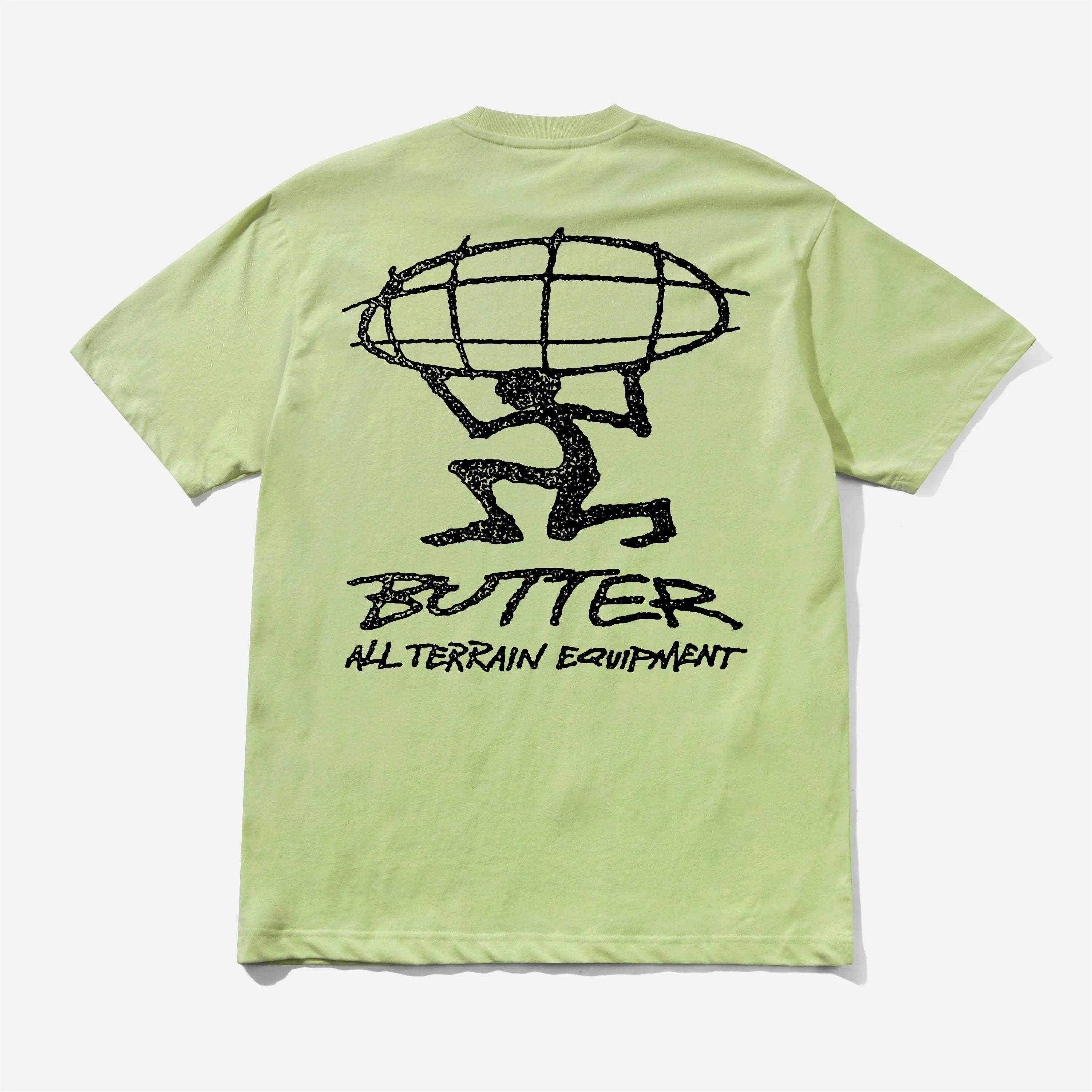 Back of the pistachio Butter Goods t-shirt showcasing a large black screen print of a figure holding a globe and All Terrain Equipment text.