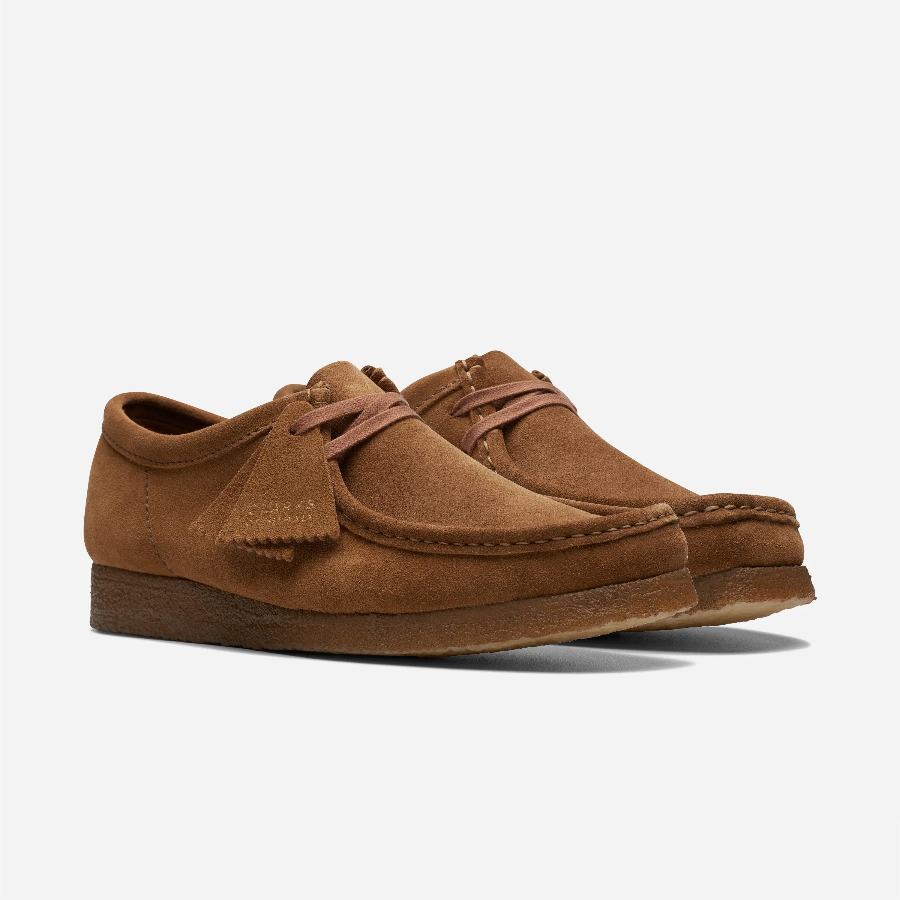 Men's Clarks Originals Wallabee moccasin shoes in premium Cola brown suede.