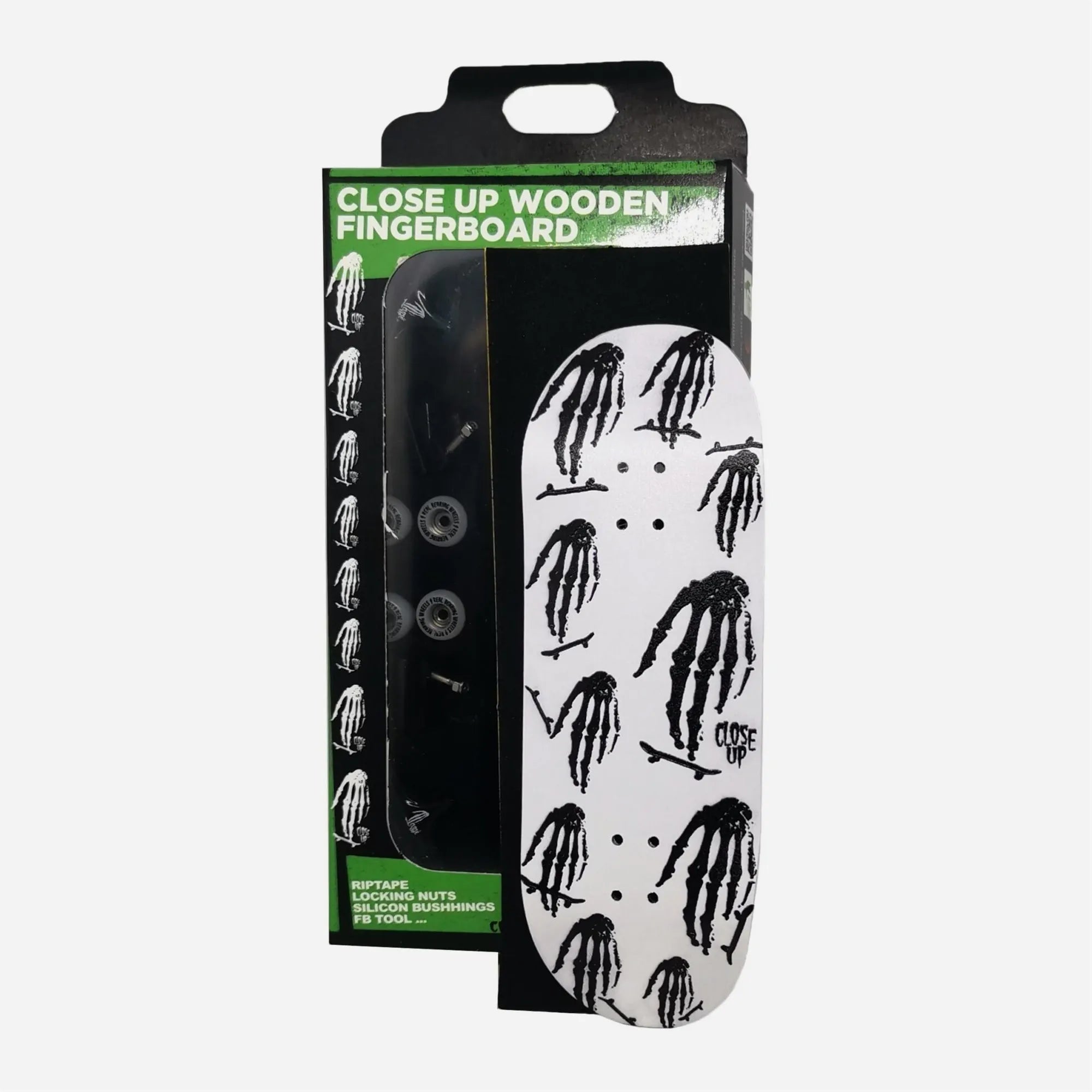 Packaging fingerboard complet Close Up plateau blanc motif mosaïque mains squelettes noires.