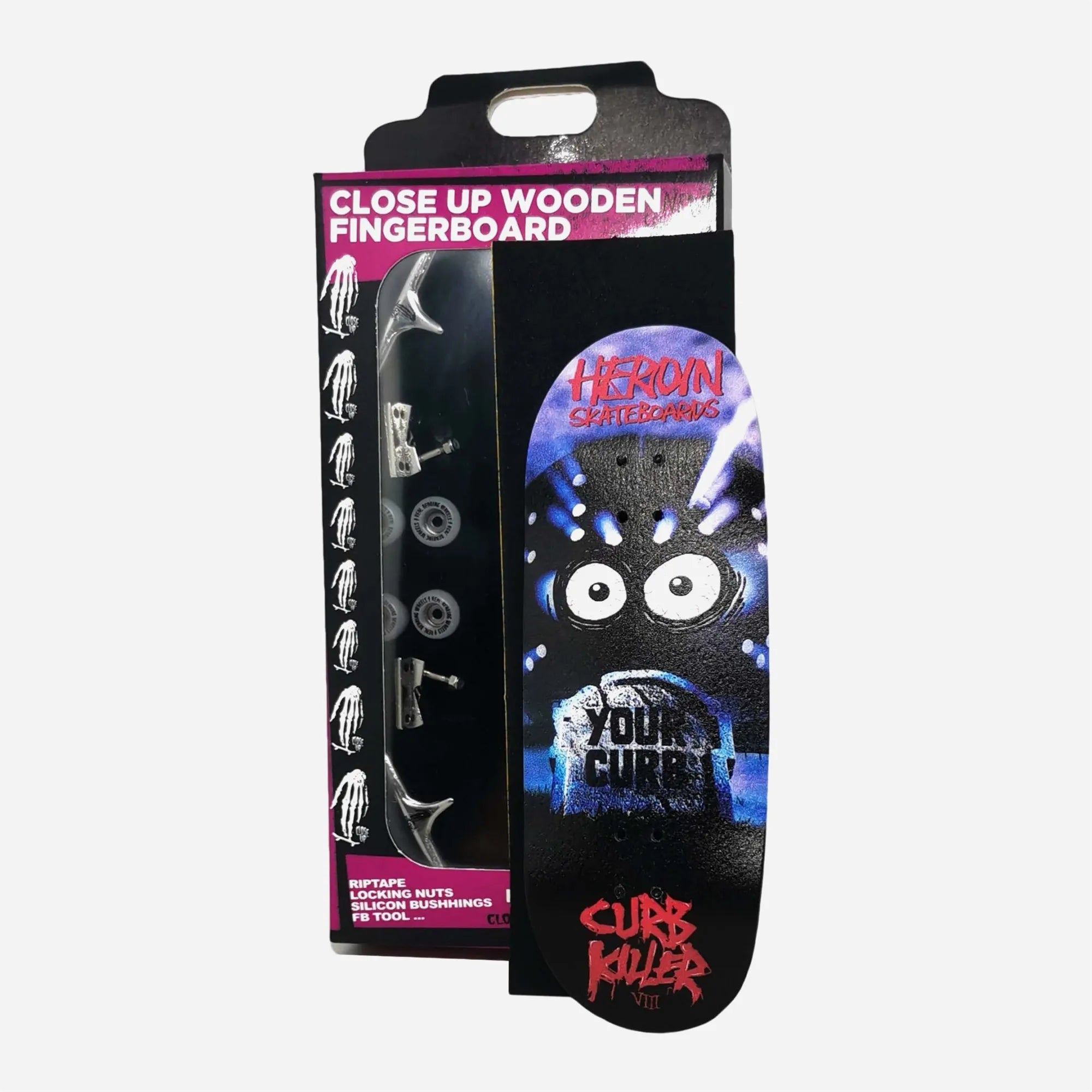 Packaging fingerboard complet Close Up x Heroin Skateboards plateau large 35mm motif Your Curb.