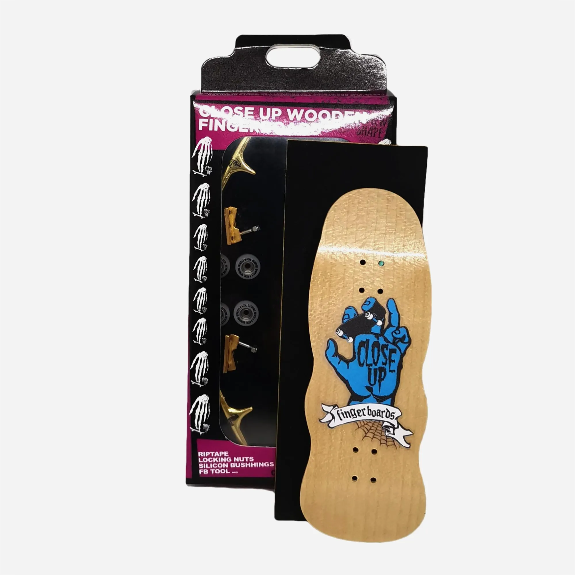 Packaging fingerboard complet Close Up plateau découpé trendy shape motif main bleue.