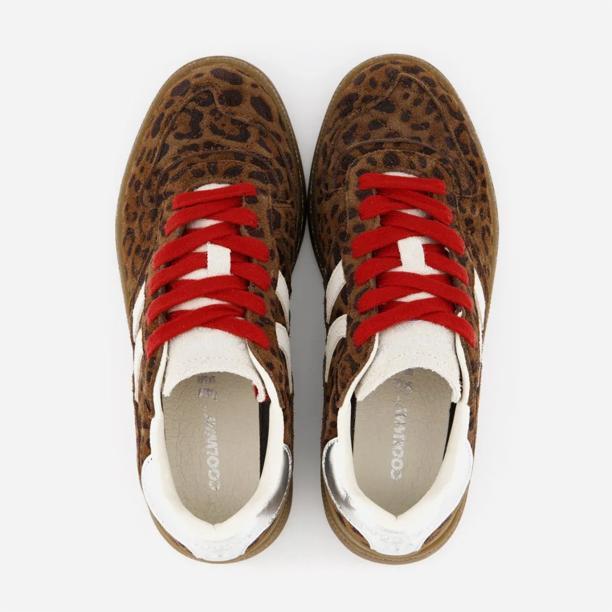 Vue de dessus des baskets léopard femme montrant la coupe fine et l'intérieur rembourré.