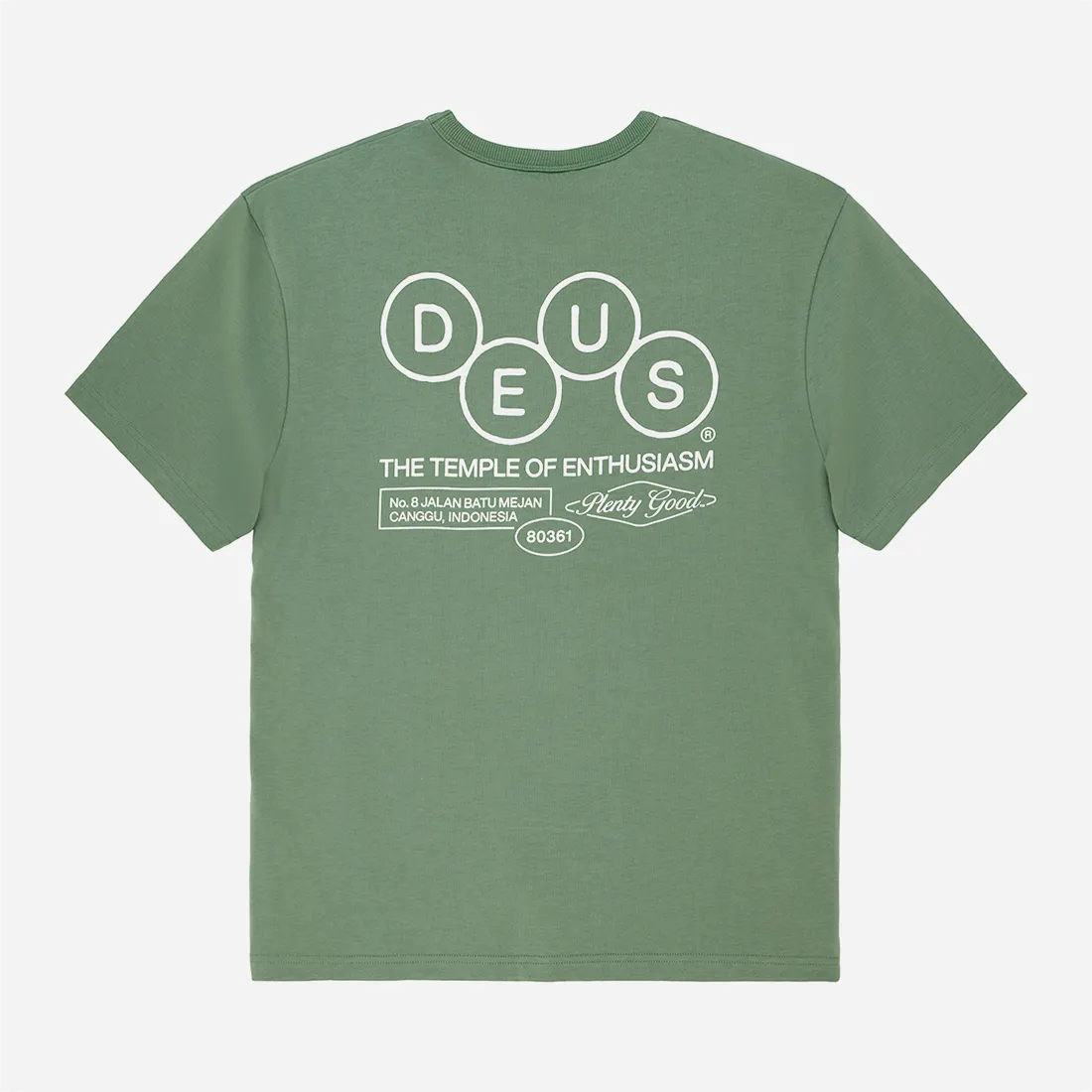 Dos du t-shirt Deus vert avec adresse du shop à Canggu Bali.