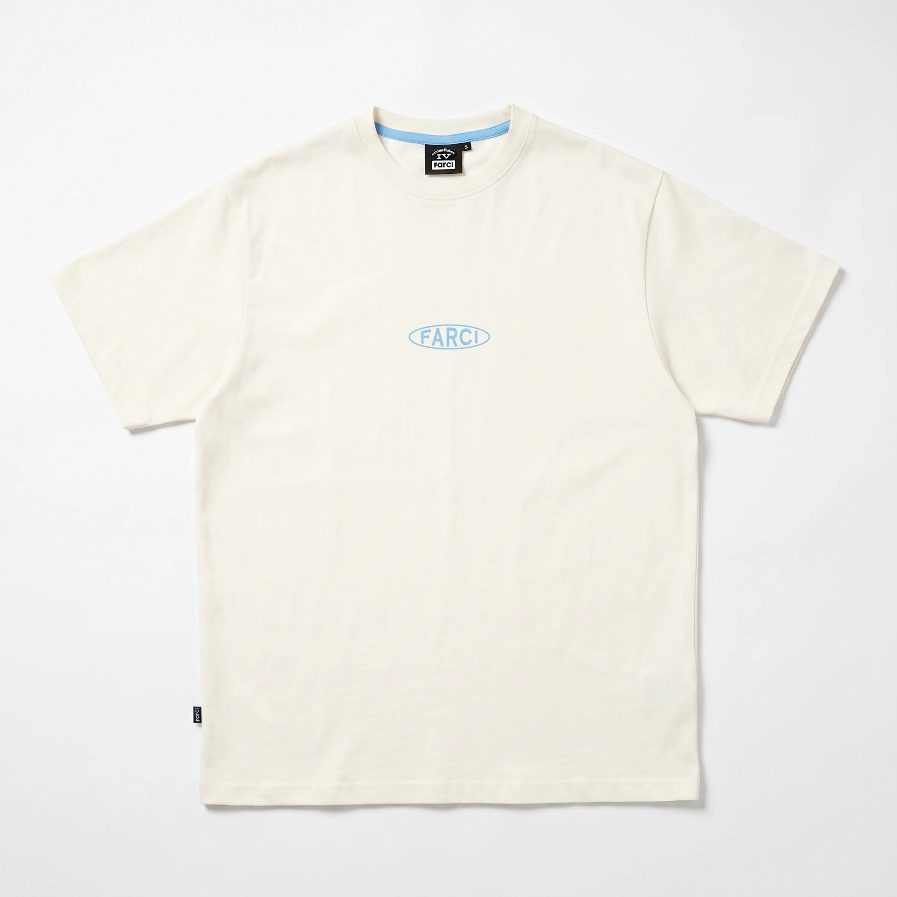 Front view of the beige Farci Studio Sun premium streetwear t-shirt with a light blue oval logo.