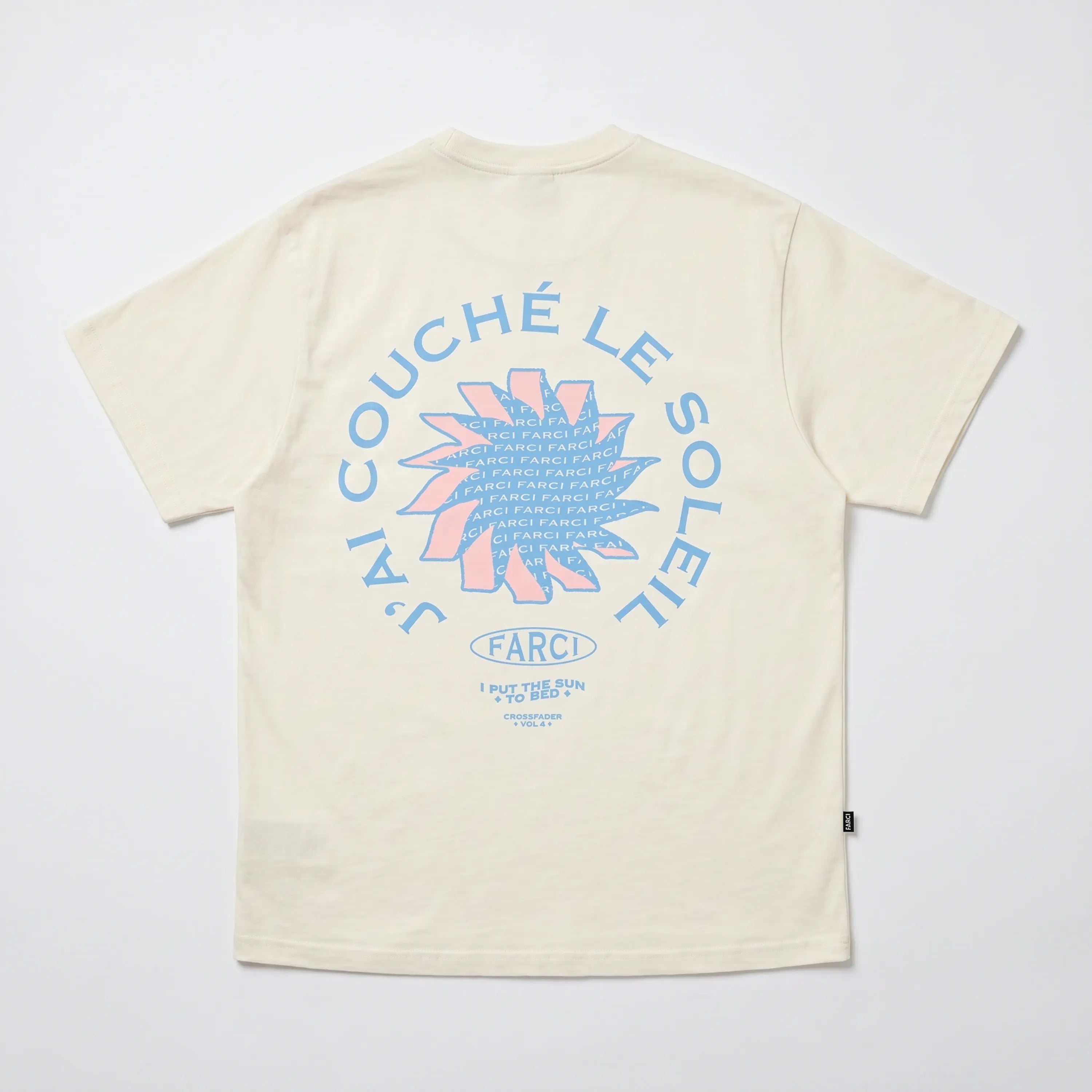 Back graphic of the Farci Studio Sun Beige t-shirt displaying the pink and blue sun illustration.