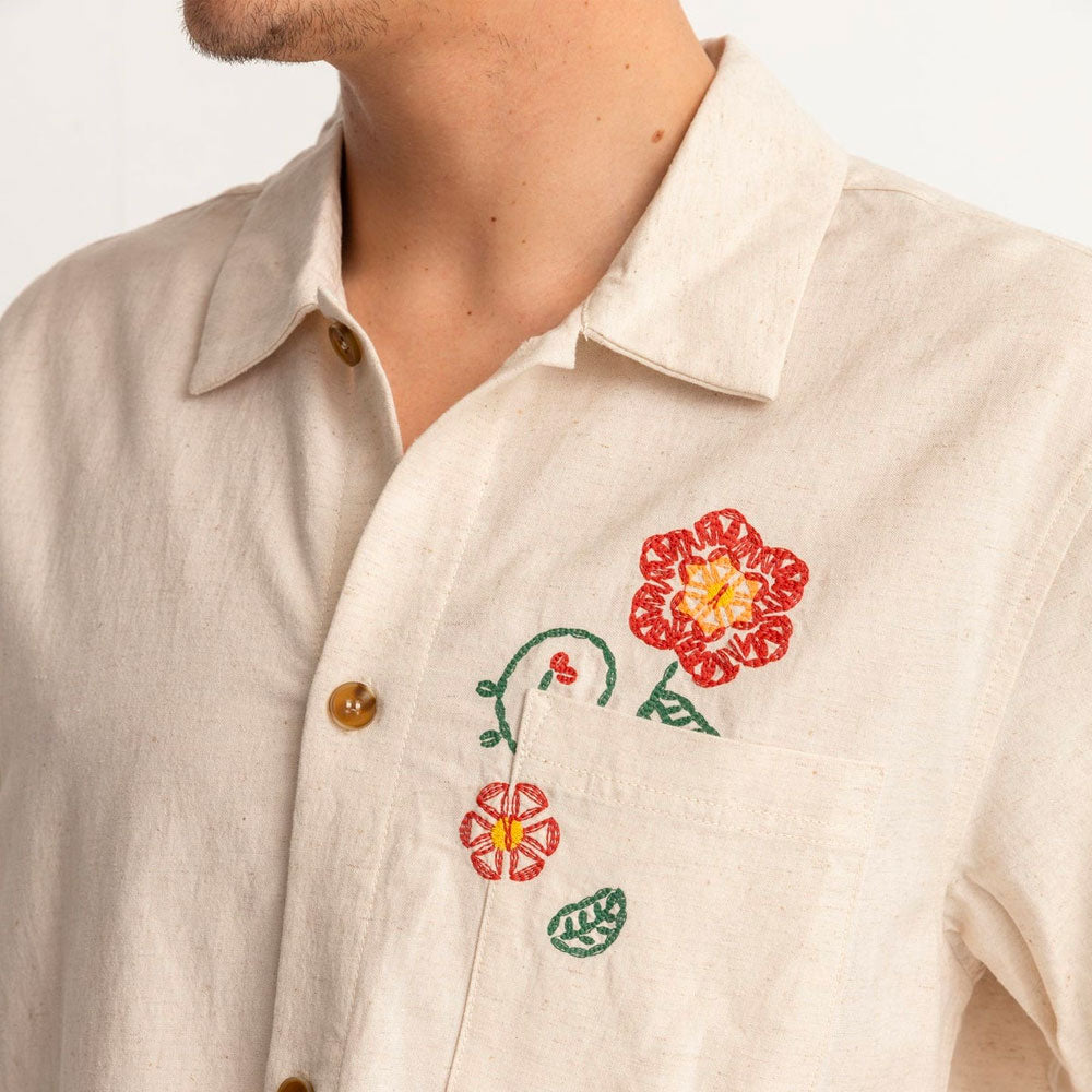 RHYTHM - FLOWER EMBROIDERY SS SHIRT - Natural